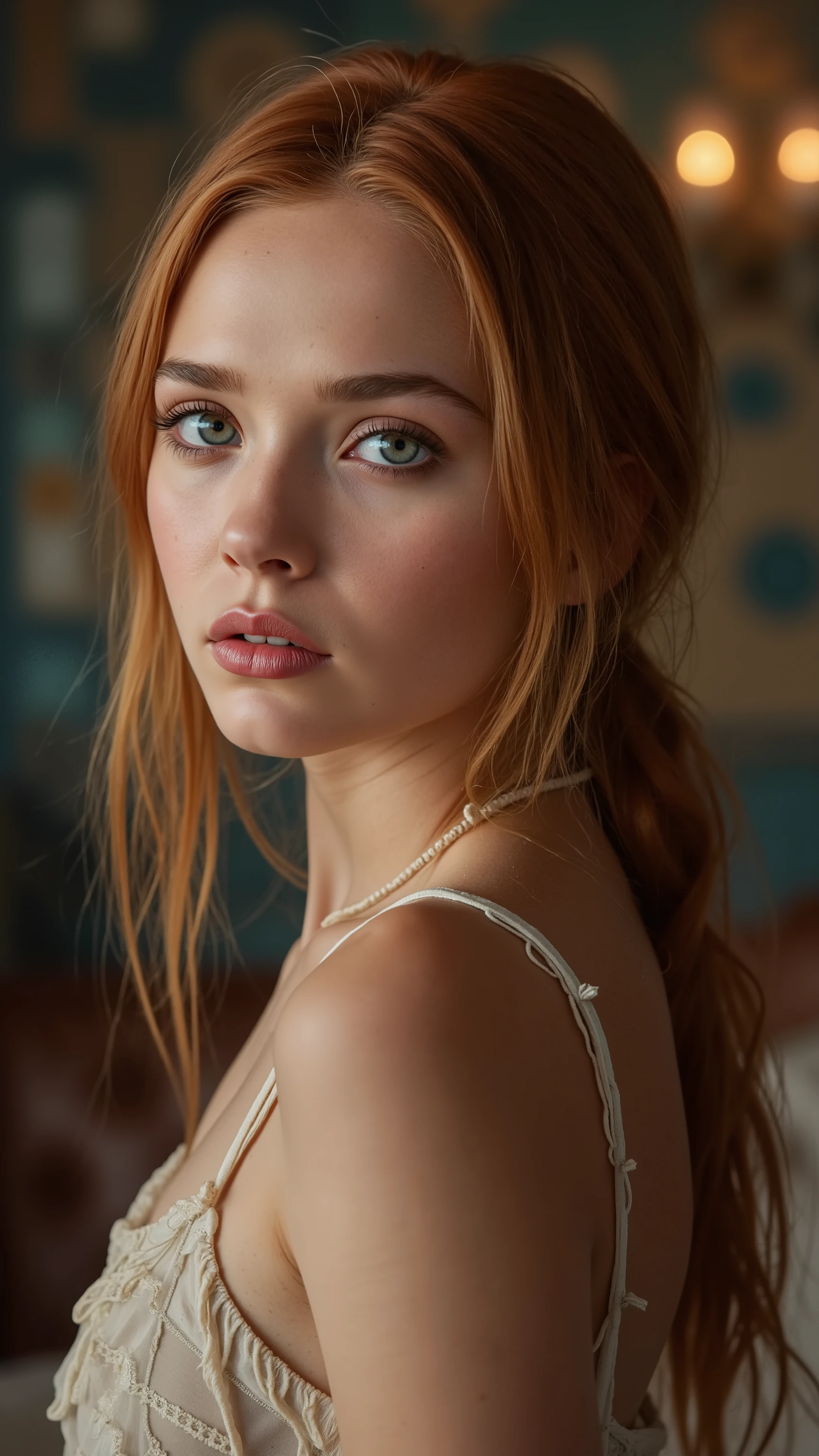 🌟 quality & silent: whole head down to below the chest, three sided view, masterpiece, 8k, ultra high resolution, hyperrealistic, very detailed, natural lighting, SLR lighting, SLR camera , Fujifilm XT3, film grain, Sharp concentration, perfect lighting. 🌌 Scene & background: different backgrounds: A romantic sunset on the beach, with warm,  golden hues . A dark, mysterious forest with moonlight, that falls through the trees. A luxurious Bedroom with candlelight and silky curtains. Ein urbaner background mit Neonlichtern und regennassen Straßen. 😈 model & Styling: A young , wild girl with fiery red hair, different hairstyles such as flattop, quin tails, tri tails, pixie cut, expressive hair, single sidelock, hair pulled back, french braid, blunt bangs, ahoge, streaked hair, which in various Poses fall loose or styled are,  and bright blue eyes , glowing blue eyes,  She is wearing a lightweight , torn dress made of natural materials, that underlines her free and independent nature. 🔥 Pose & Mood: Different sensual facial expressions:  she looks directly at the camera , with a seductive smile and half-closed eyes. She opens her lips slightly, with a playful and tempting look. She tilts her head slightly to the side, with a dreamy and sensual expression. She looks over her shoulder, with a mysterious and intense look. Die Mood ist sinnlich, seductive and full of emotions. 💋 