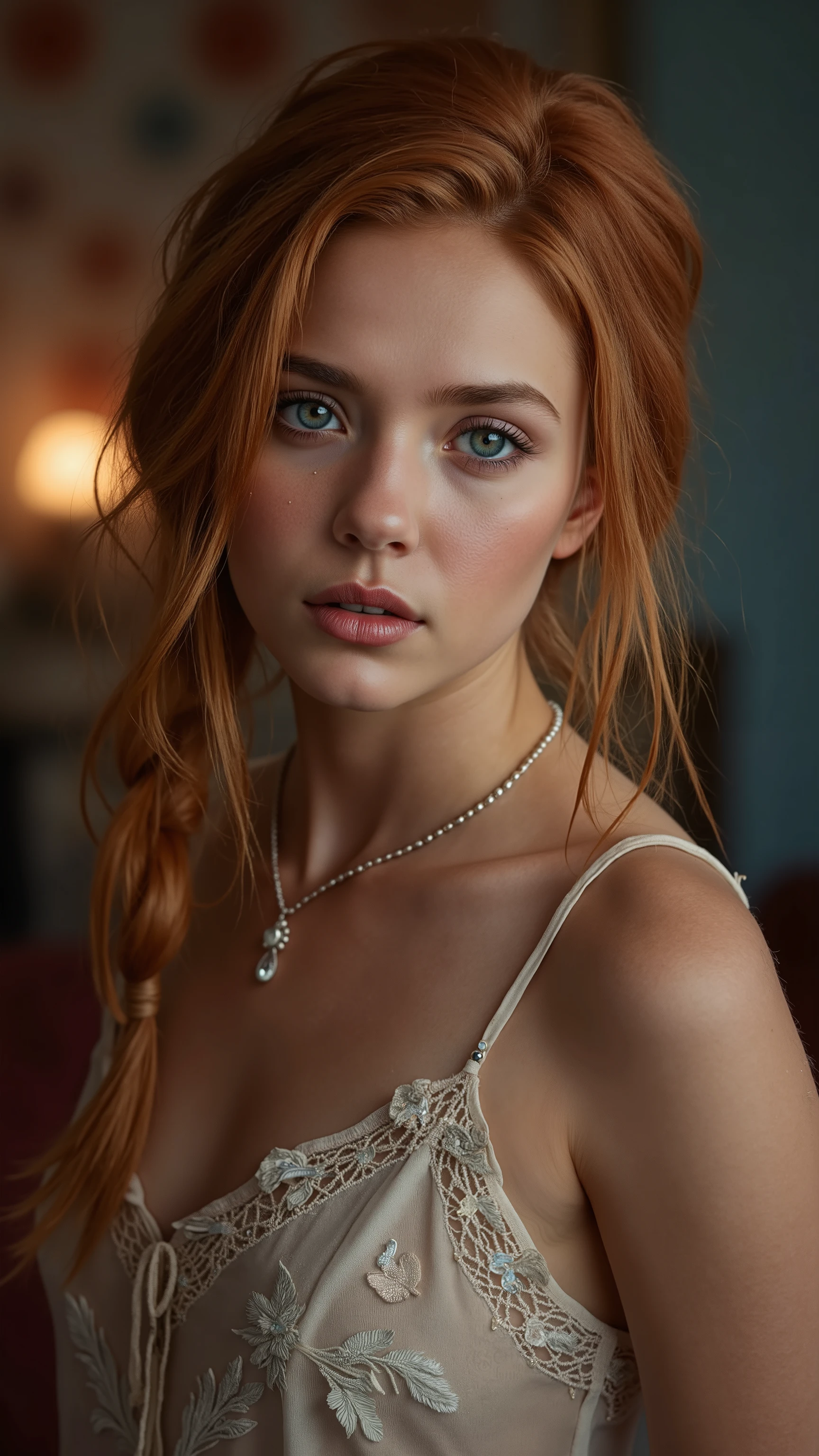 🌟 quality & silent: whole head down to below the chest, three sided view, masterpiece, 8k, ultra high resolution, hyperrealistic, very detailed, natural lighting, SLR lighting, SLR camera , Fujifilm XT3, film grain, Sharp concentration, perfect lighting. 🌌 Scene & background: different backgrounds: A romantic sunset on the beach, with warm, golden hues . A dark, mysterious forest with moonlight, that falls through the trees. A luxurious Bedroom with candlelight and silky curtains. Ein urbaner background mit Neonlichtern und regennassen Straßen. 😈 model & Styling: A young , wild girl with fiery red hair, different hairstyles such as flattop, quin tails, tri tails, pixie cut, expressive hair, single sidelock, hair pulled back, french braid, blunt bangs, ahoge, streaked hair, which in various Poses fall loose or styled are, and bright blue eyes , glowing blue eyes, She is wearing a lightweight , torn dress made of natural materials, that underlines her free and independent nature. 🔥 Pose & Mood: Different sensual facial expressions: she looks directly at the camera , with a seductive smile and half-closed eyes. She opens her lips slightly, with a playful and tempting look. She tilts her head slightly to the side, with a dreamy and sensual expression. She looks over her shoulder, with a mysterious and intense look. Die Mood ist sinnlich, seductive and full of emotions. 💋