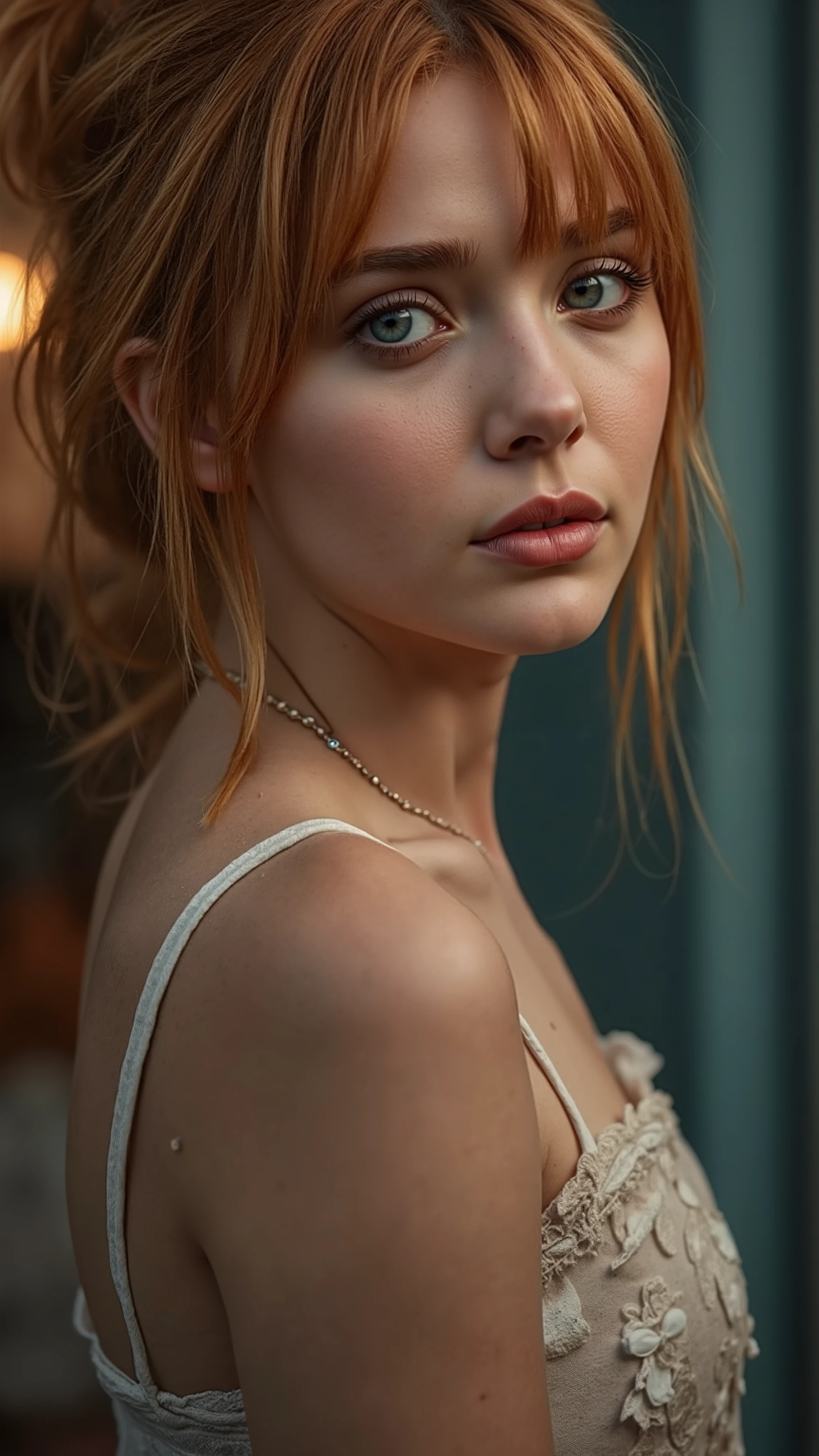 🌟 quality & silent: whole head down to below the chest, three sided view, masterpiece, 8k, ultra high resolution, hyperrealistic, very detailed, natural lighting, SLR lighting, SLR camera , Fujifilm XT3, film grain, Sharp concentration, perfect lighting. 🌌 Scene & background: different backgrounds: A romantic sunset on the beach, with warm, golden hues . A dark, mysterious forest with moonlight, that falls through the trees. A luxurious Bedroom with candlelight and silky curtains. Ein urbaner background mit Neonlichtern und regennassen Straßen. 😈 model & Styling: A young , wild girl with fiery red hair, different hairstyles such as flattop, quin tails, tri tails, pixie cut, expressive hair, single sidelock, hair pulled back, french braid, blunt bangs, ahoge, streaked hair, which in various Poses fall loose or styled are, and bright blue eyes , glowing blue eyes, She is wearing a lightweight , torn dress made of natural materials, that underlines her free and independent nature. 🔥 Pose & Mood: Different sensual facial expressions: she looks directly at the camera , with a seductive smile and half-closed eyes. She opens her lips slightly, with a playful and tempting look. She tilts her head slightly to the side, with a dreamy and sensual expression. She looks over her shoulder, with a mysterious and intense look. Die Mood ist sinnlich, seductive and full of emotions. 💋