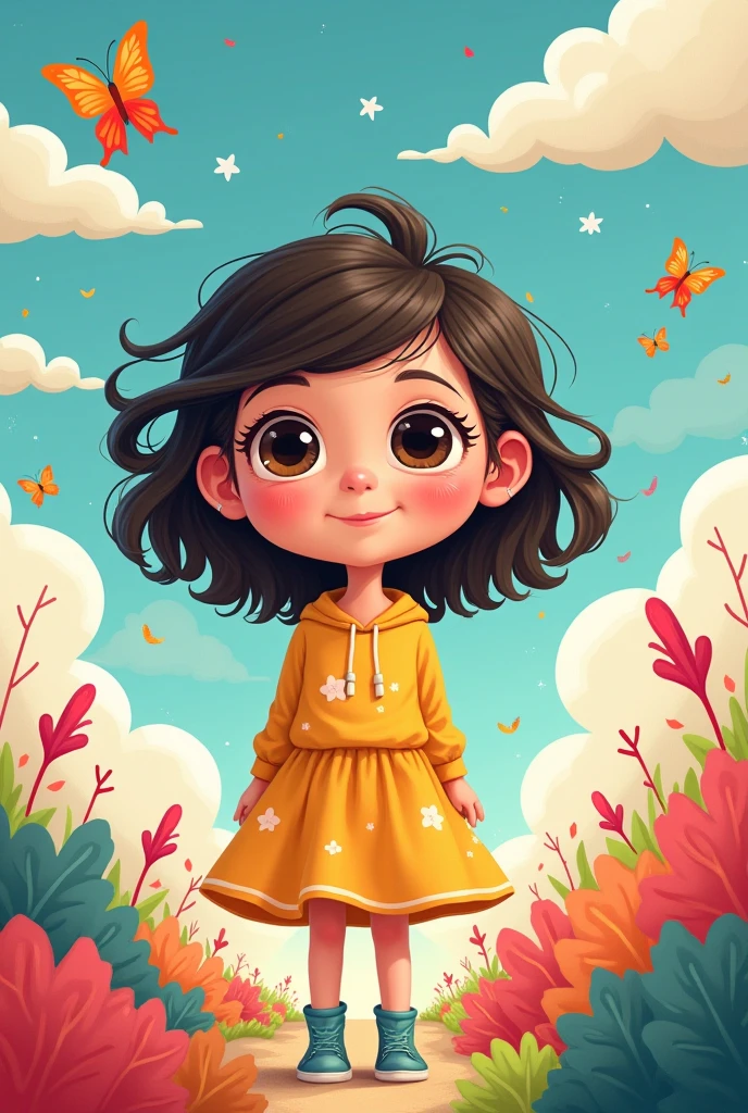 girl with dark hair and blue eyes LEO according to horoscope in cartoon style