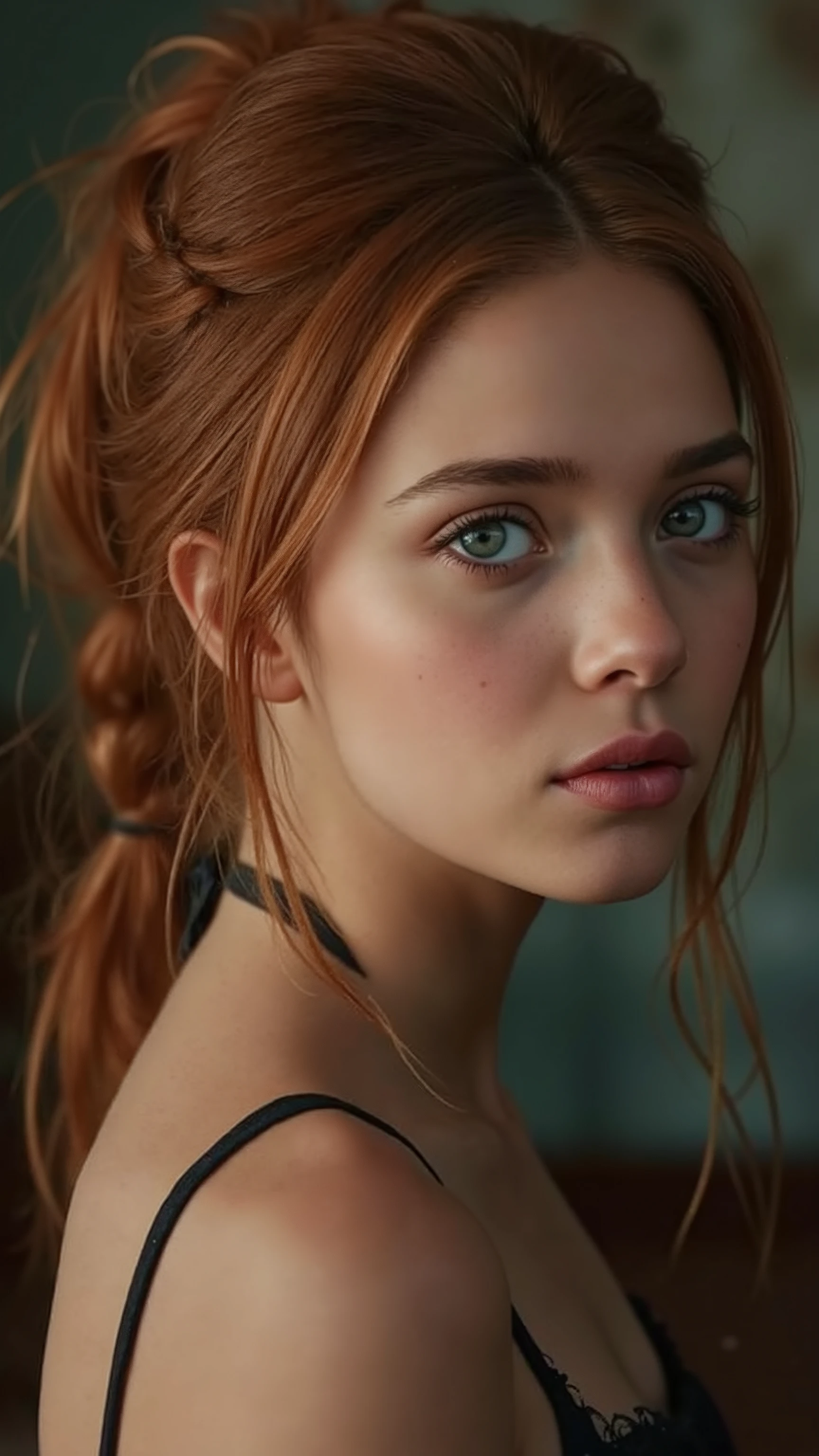 🌟 quality & silent: whole head down to below the chest, three sided view, masterpiece, 8k, ultra high resolution, hyperrealistic, very detailed, natural lighting, SLR lighting, SLR camera , Fujifilm XT3, film grain, Sharp concentration, perfect lighting. 🌌 Scene & background: different backgrounds: A romantic sunset on the beach, with warm, golden hues . A dark, mysterious forest with moonlight, that falls through the trees. A luxurious Bedroom with candlelight and silky curtains. Ein urbaner background mit Neonlichtern und regennassen Straßen. 😈 model & Styling: A young , wild girl with fiery red hair, different hairstyles such as flattop, quin tails, tri tails, pixie cut, expressive hair, single sidelock, hair pulled back, french braid, blunt bangs, ahoge, streaked hair, which in various Poses fall loose or styled are, and bright blue eyes , glowing blue eyes, She is wearing a lightweight , torn dress made of natural materials, that underlines her free and independent nature. 🔥 Pose & Mood: Different sensual facial expressions: she looks directly at the camera , with a seductive smile and half-closed eyes. She opens her lips slightly, with a playful and tempting look. She tilts her head slightly to the side, with a dreamy and sensual expression. She looks over her shoulder, with a mysterious and intense look. Die Mood ist sinnlich, seductive and full of emotions. 💋