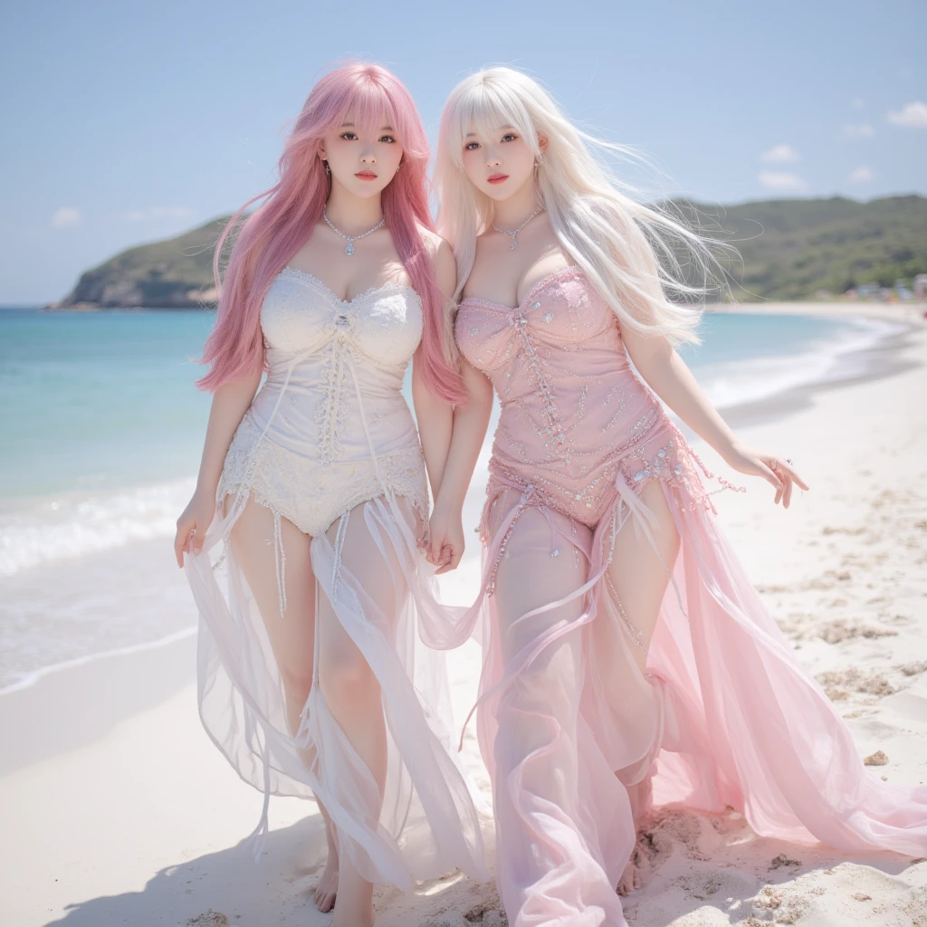 1girl, beautiful, long pink hair, wearing white bikini, sunny, leaning forward, standing, blurry background, mouth slightly open, cleavage, 8K, realistic, masterpiece, depth of field, DSLR