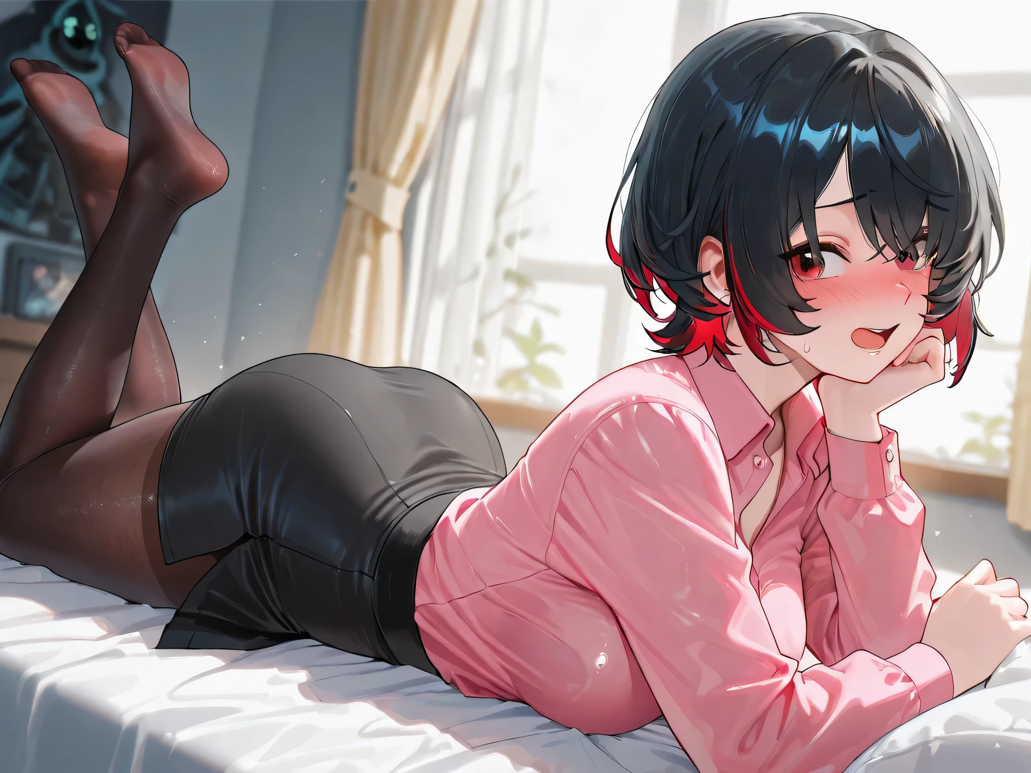 4k, backdrop，black pantyhoses，mitsukasa ayase, kikka academy uniform, pantyhose, highres, absurdres,Beige top，red necktie、Character-centric, 4k, 20yrs, sexy, on bed , gaming headset, gaming room, panties, black , white gray girl cute, little , kawaii dress, japan anime, nervous , skirt upside