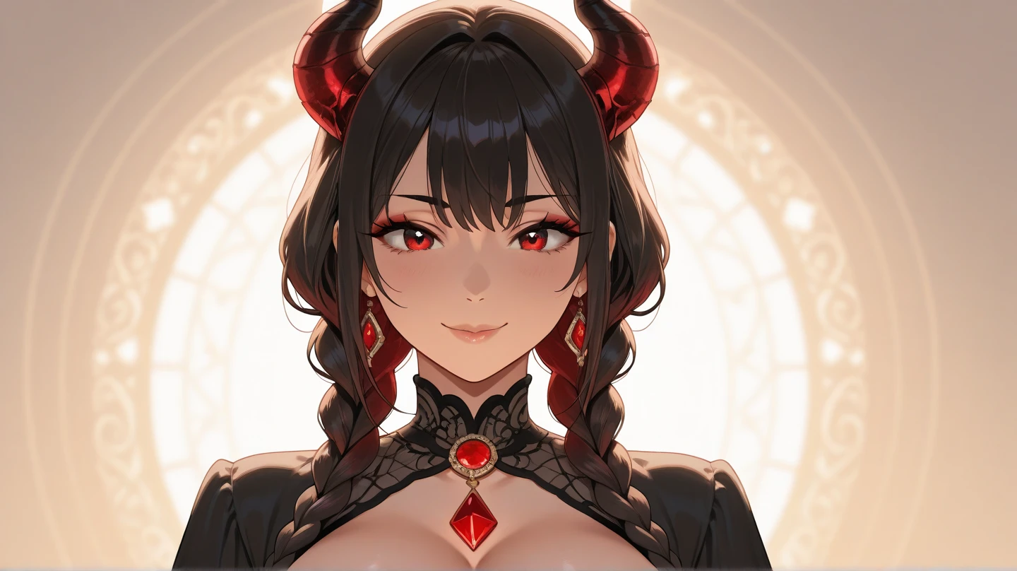 1girl, moe, cute face, short & slim (160cm), B cup breasts, light skin tone, dark brown hair, hair glimmers red in sunlight, black eye color which glimmers red, wearing small red gem necklace, wearing small golden/red, horns above ears, wearing black victorian dress, smirking, similar to shinobu monogatari