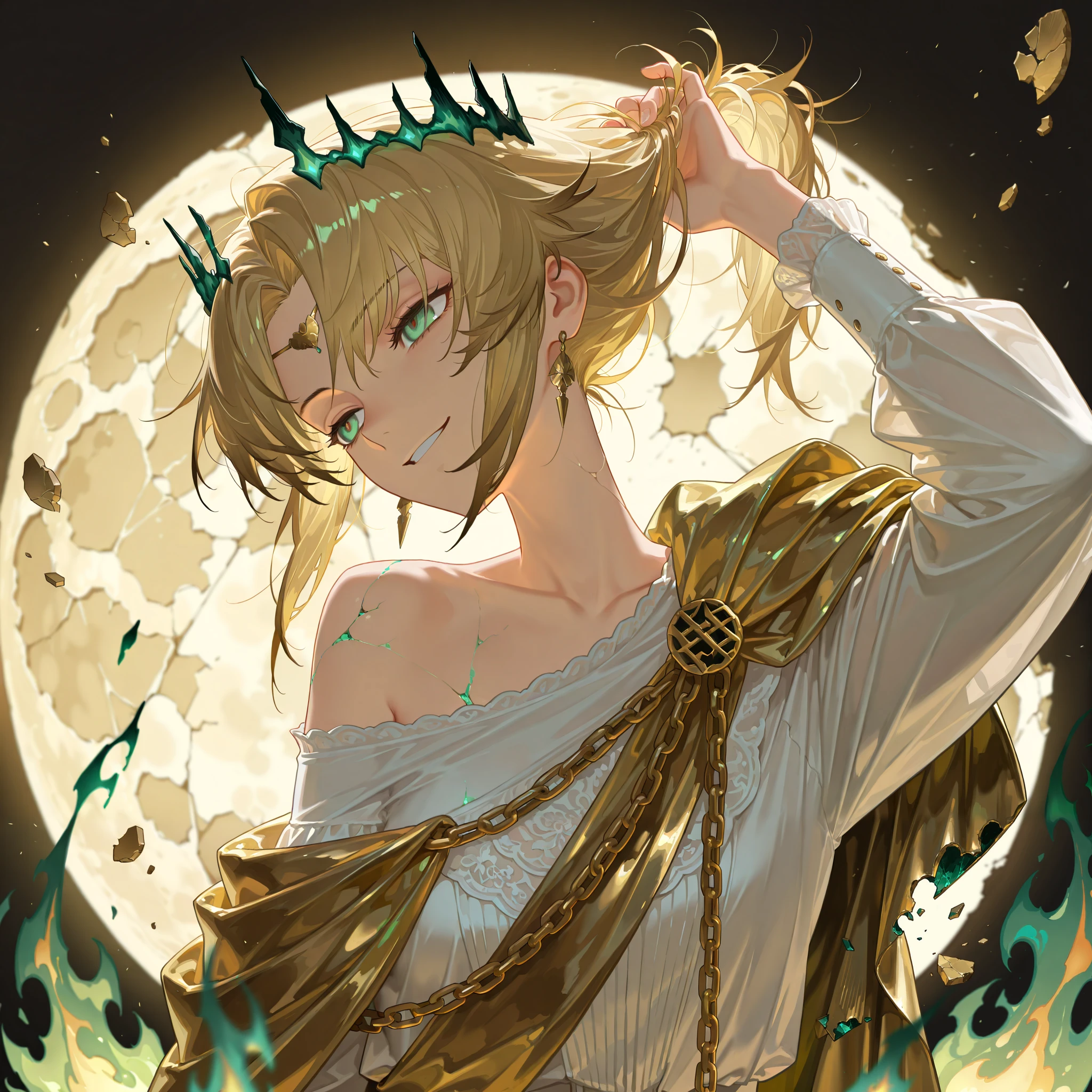 by [arknights|(748cmstyle:0.5)], mature, young adult, masterpiece, best quality, amazing quality, very aesthetic, high resolution, ultra-detailed, absurdres,
1girl, woman, solo, alone,(dynamic pose, half-frontal shot, upper body focus, medium shot:1.2), (mordred:0.53), blonde hair, emerald green eyes, long ponytail, smirk, royalty, (hand in her hair:1.1), holding her head, head tilt, "Haah?" expression, arrogance, arrogant expression, french renaissance uniform, black and white clothes, (gold shoulder cape, one shoulder shirt:1.3), (green flames, golden flames:1.2), chain lightning, winged circlet, moon, burning moon,(cracked moon, broken planetoid:1.25),
BREAK, depth of field, volumetric lighting
 