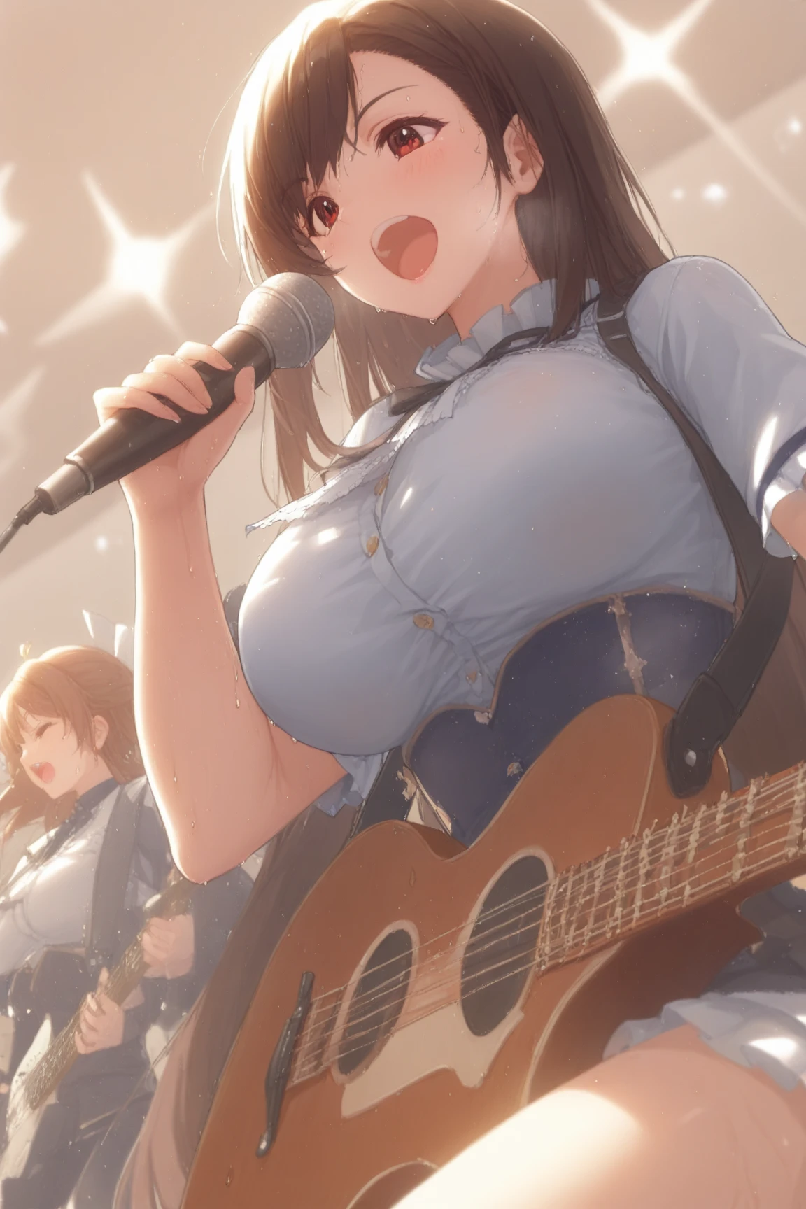 sayuogiwara, Sayu Ogiwara, brown hair, (brown eyes:1.5), medium hair,beautiful breasts, pubic hair, {{{{Playing guitar naked}}}},{{{Live on the street}}}{{outdoor}}, {{Town bustle}},{{Akihabara downtown}},{{congestion}},{{{{surrounded by a crowd}}}, Blue sky,{{{{whole body}}}}, NSFW, （smile）,{{from head to toe}},{{sit on a chair and play the guitar}},{{{spread your legs}}},{{{Put a pen in your pussy}}}