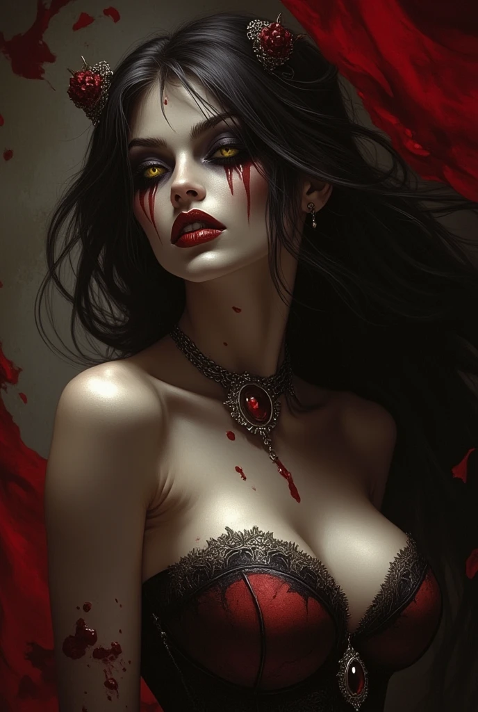 arafed woman with blood on her chest and chest, photorealistic dark concept art, dark fantasy style art, dark fantasy horror art, bloody + concept art, hot female, dark fantasy mixed with realism, dark fantasy art, wojtek fus, hot female warrior, fantasy horror art, in style of dark fantasy art