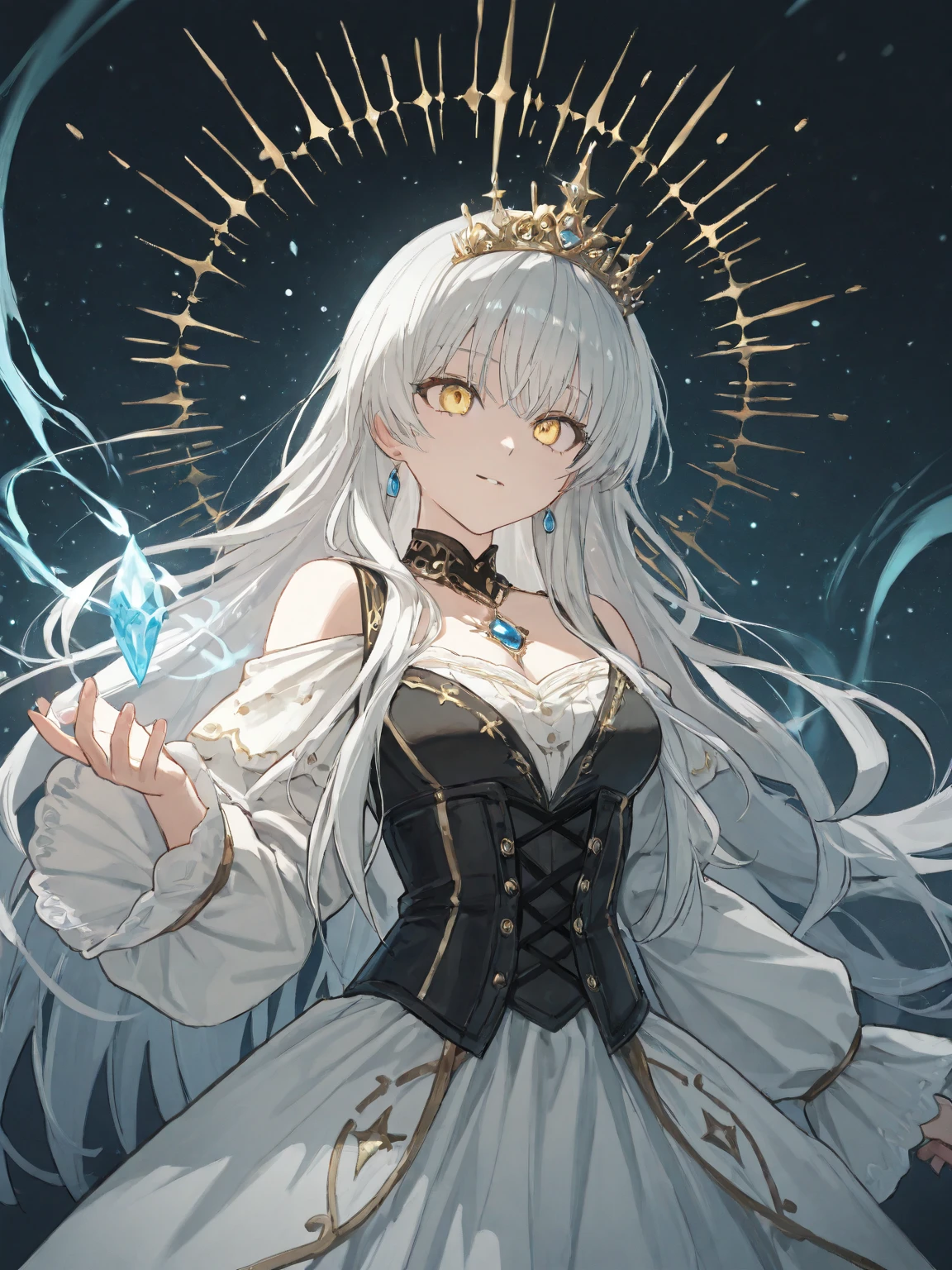 solo, female, sfw, medium shot, summer, silver hair, long hair, straight bangs, blue eyes, church, fox tail, single tail, silver fox ears, silver tail, huge breasts, priestess, bangs over one eye, gentle smile, day, conservative clothes, nun habit, holy water, magic, gold, jewelry