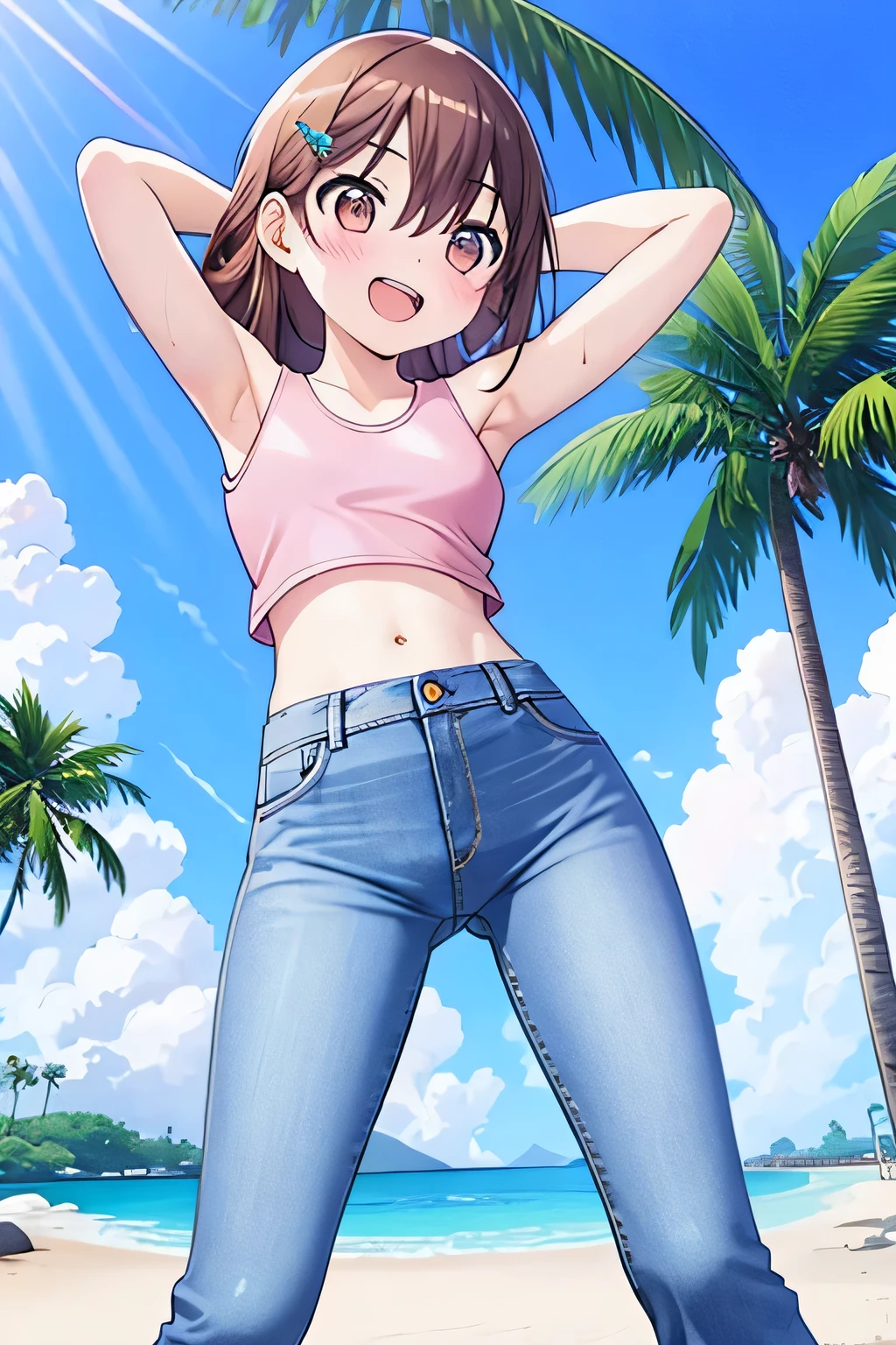 (8K、Highest quality、Highest quality、masterpiece)、Detailed face、One Girl、(Brown Skin:1.2)、Long Hair、Red Eyes、Serious、(White Tank Top、Denim hot shorts、Open Shorts、Unziped shorts、Mini jeans Shorts、No Panties、NoPanties、Spread pussy、heart cutout)、labia view、Beach、cloud、vagina、Pussy Lip、Wedgie between Pussy Lips、Big Breasts