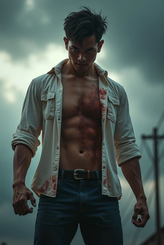 black haired male teenager, training knife fighting, angry, realistic epic, photo, faded, complex things around, room background all white, no window, soaked, neutral colors, (((((hdr)))), ((((soft colors)))), intricate scene, artistic station, intricate details, vignette,