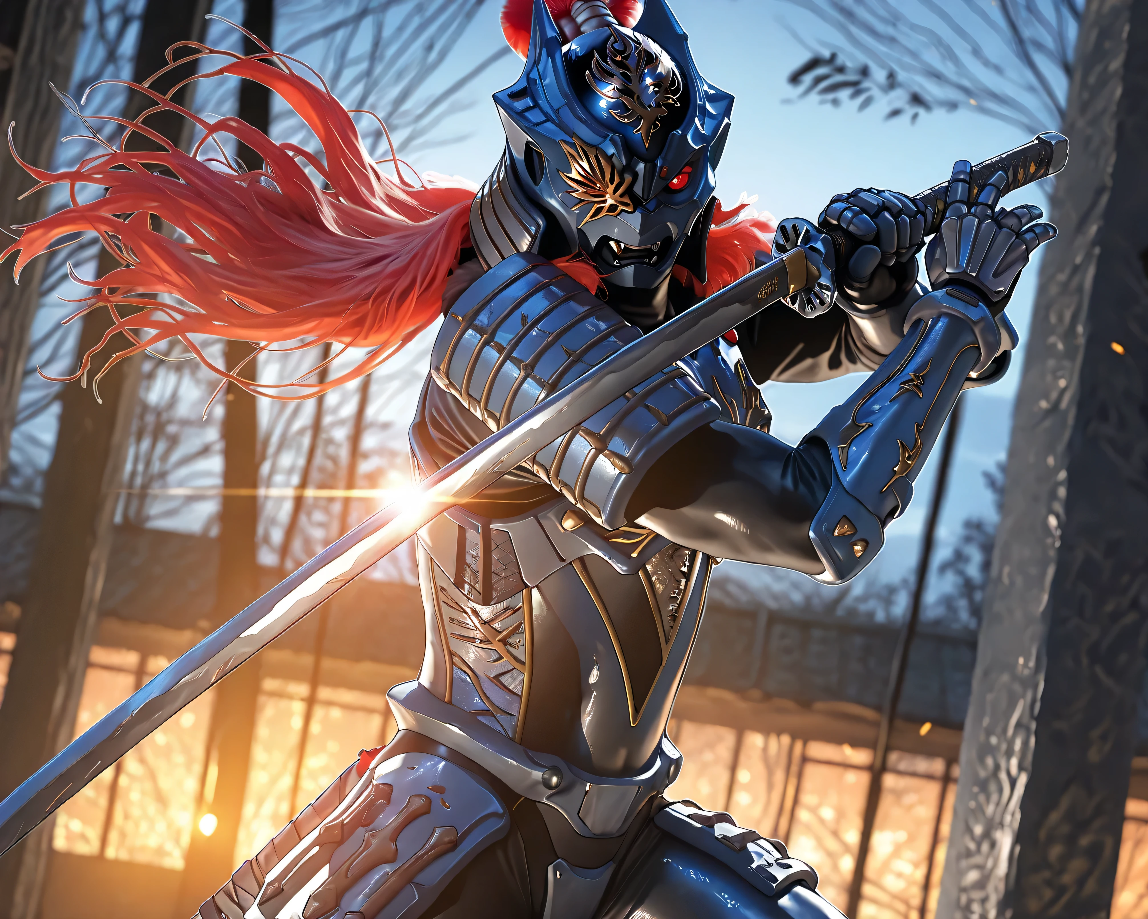 masterpiece, best quality, official art, detailed, 4K, 8K, realistic, game cg, ultra-detailed, beautiful detailed eyes, very aesthetic, IllusP0s, nsfw, furry male, shiny skin, (Zamushar), red hair, (pitch black body), white pupils, fangs, uneven eyes, (one-eyed), chest armor, waist armor, Gauntlets, (muscular), leg guard, BREAK, sword guard stance, sword, weapon, solo, katana, holding, holding weapon, holding sword, looking at viewer, high collar, cowboy shot, dynamic pose, vibrant colors, floating hair, BREAK, (dutch angle), (blurry background), dynamic lighting, rim lighting, dawn,
