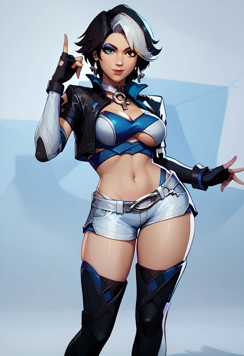 masterpiece, best quality,absurdres, ultra-detailed, high resolution,

luna_snow, 1girl, solo, thighhighs, thigh boots, shorts, gloves, hand on hip, boots, jacket, fingerless gloves, navel, white shorts, smile, cropped jacket, black footwear, midriff, full body, green eyes, black jacket, elbow gloves