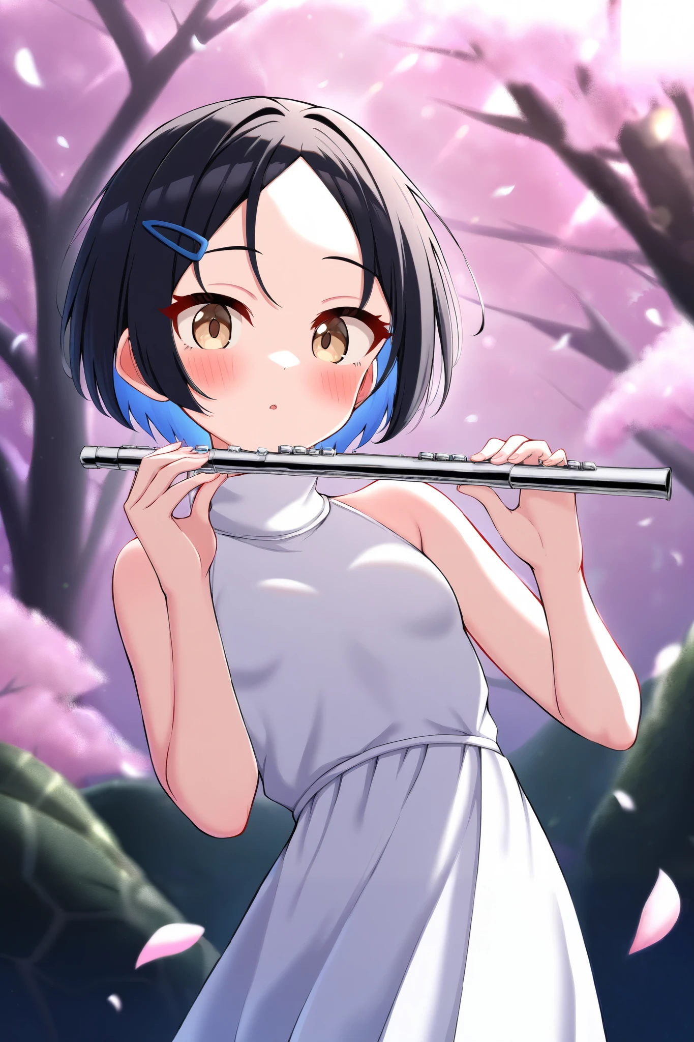 masterpiece, best quality, amazing quality, newest, very aesthetic, rating safe, female focus, front view, 1girl, tomboy, parted bangs, black hair, brown eyes, hairclip, turtle neck dress, white long dress, sleeveless, hands up, holding flute, flute, holding instrument, instrument, music note, cherry blossom background, sunlight, amazing background, bokeh, highres, absurdres