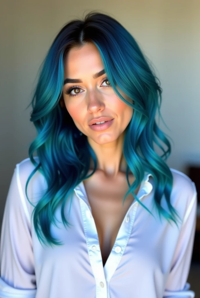 (medium shot:1.2), <lora:sd15_locon_MinkaKelly_24_v1.0:.9> MinkaKelly_. grinning, Powder Light Blue hair styled as Straight Deep Side Part