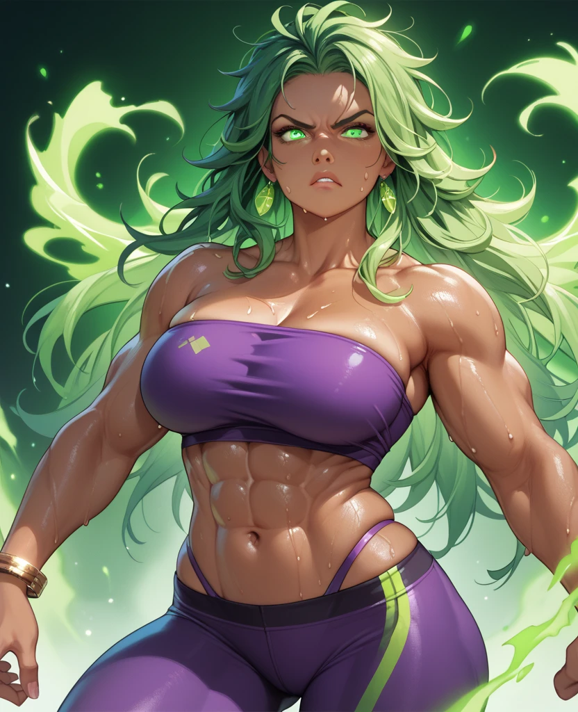 (((1 girl muscular))) green hair very long hair yellow eyes pale skin angry tight shirt (thick thighs wide hips perky breasts) has fire, water, air, thunder element.