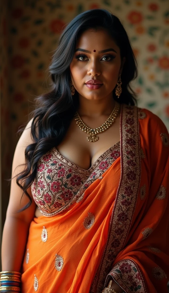 wolf cut hairstyle erotic hindu wife super big fake lips red lipstick super delicious body saree bra chubby body