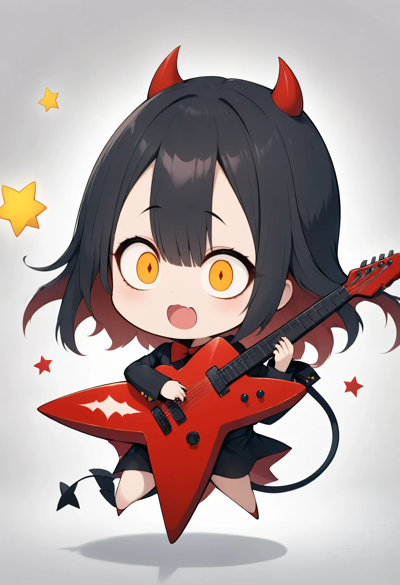 cute style, A girl, very big eyes, absurd size, squishy eyes, Little Devil Outfit, The tail at the tip of the heart, playing the guitar, star Transformed, professional, black hzk, hzkchin,