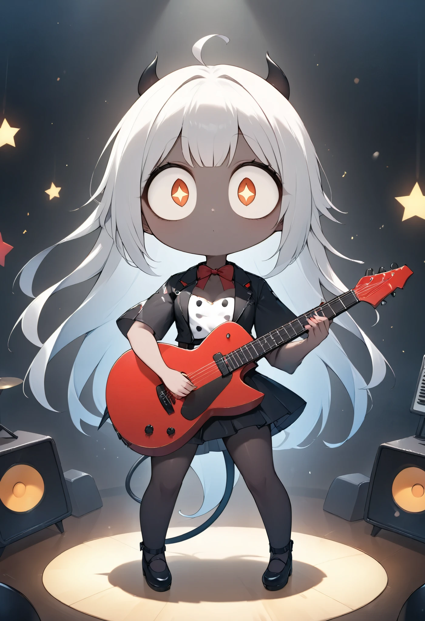 cute style, A girl, very big eyes, absurd size, squishy eyes, Too big eyes, Swirl Eye, Little Devil Outfit, The tail at the tip of the heart, playing the guitar, star Transformed, professional, small dirty concert house background, black 50% Hzk, Hzkchin,
