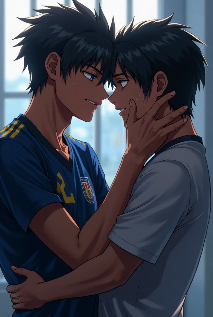 muscles men's shorts white socks football field sunshine handsome hormones gay hug kiss mouth touch head sexy abs pectorals touch chest pinching neck teasing