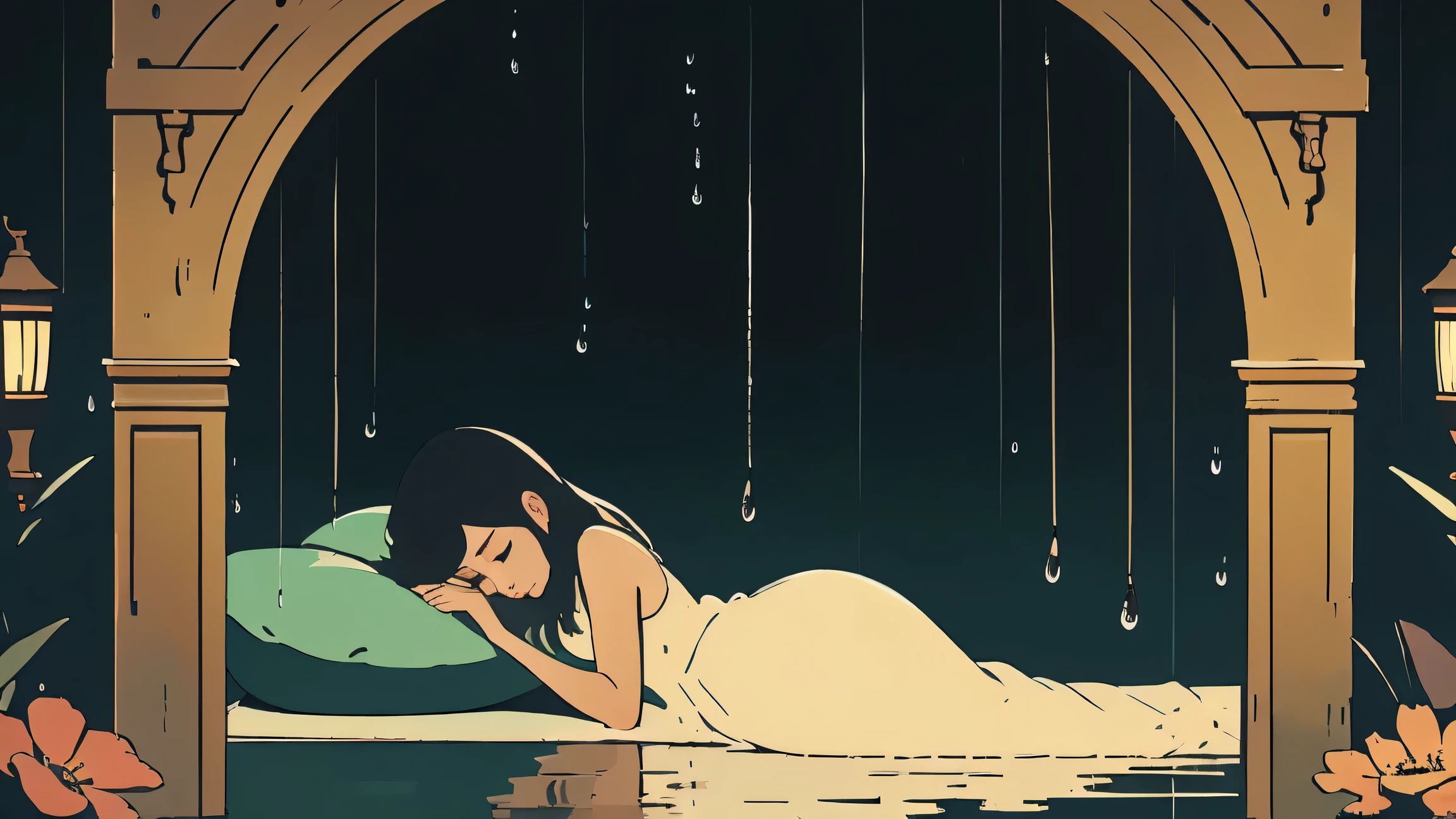 A young woman sleeping peacefully, her face serene, as soft harp music and gentle raindrops create a soothing, dreamlike atmosphere around her. The scene has a calming, tranquil quality, inviting the viewer to experience a moment of peaceful repose.