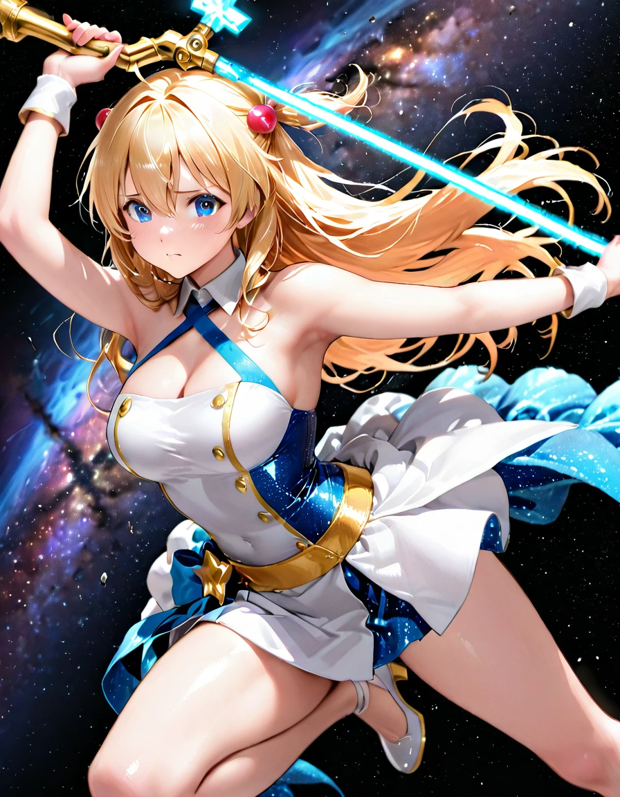 (masterpiece, best quality:1.2), 1girl, solo, blond hair, blue hairband, blue hair ribbon on the left, white-blue breast, black gloves, knight skirt, Solid color background