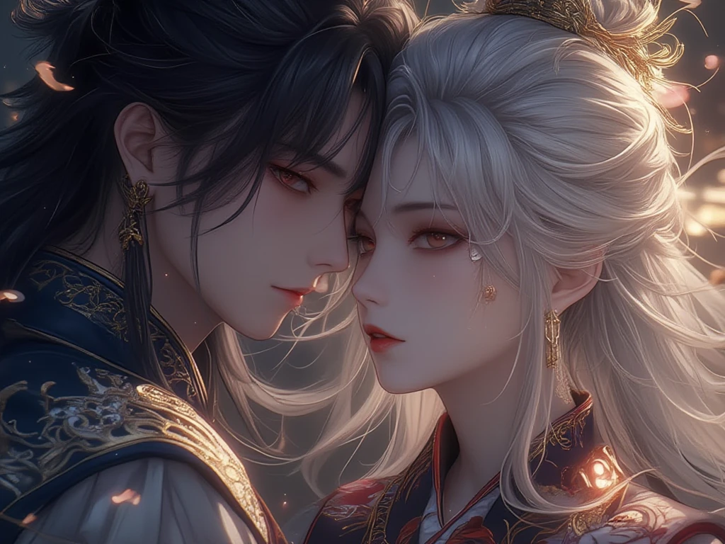 Close-up of a young couple wearing a white dragon dress on their heads，Chinese fantasy，beautiful digital artworks，Ross Tran 8 K，xianxia fantasy，Fenghua Bell，Chinese style，Dragon-inspired cloth robe，Ross Tran和Wlop，