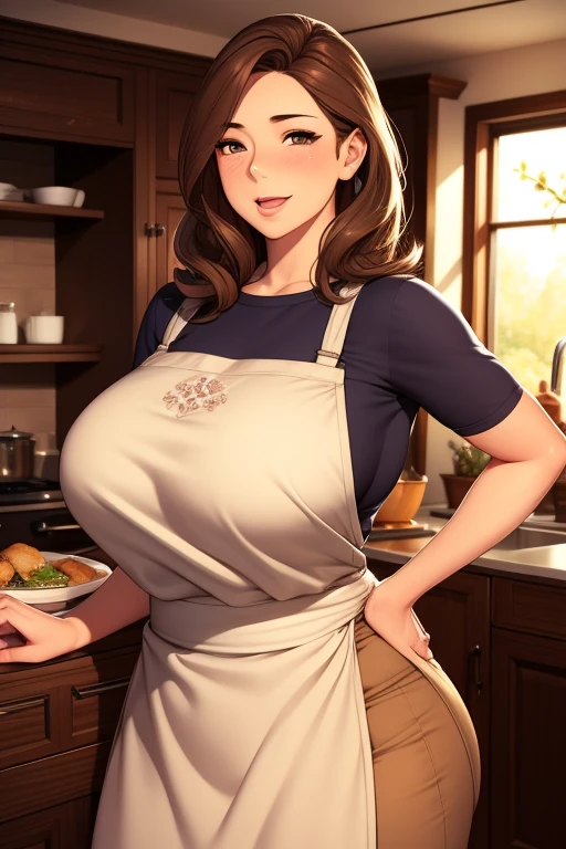 Motherly one Sided Plait, brown hair, v-neck navy blue shirt, long skirt, generous cleavage, solo girl, wide hips, yellow apron, motherly, emerald eyes, dynamic lighting, mature, Pokémon SV mother, bright smile