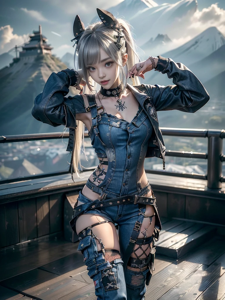 (Beautiful lips and nose:1.4)、(Long eyelashes:1.4)、(Smiling with teeth showing:1.3),(Shibuya Gal:1.5)、(Gothic Lolita delicately decorated dress:1.5)、(Tattered denim and black punk rock cargo pants:1.5)、(Denim and black navy skull mark small jacket:1.4)、(denim garter belt:1.5)、(Black and denim knee socks:1.3)、(Skull Silver Accessories:1.5)、(Denim collar:1.3)、(Brown Skin Belt:1.4)、(Brown boots:1.2)、(The underwear is striped:1.4)、31 years old、((Highest quality、In 8K、masterpiece:1.3))、Sharp focus:1.2、(Layered Cut、Huge boobs:1.1),Beautiful woman with perfect figure:1.4、(Dancing vigorously:1.3)、Slender Abs:1.2、Highly detailed face and skin texture、Detailed eyes、double eyelid,(Twin tails:1.3)、(Cream colored hair:1.3)、Gravure idol、(The background is a vast mountain with a clear view々Beautiful luxury resort destination in Europe:1.3)、(Slim Body:1.2),(Make your legs thinner:1.4),(clavicle:1.1)