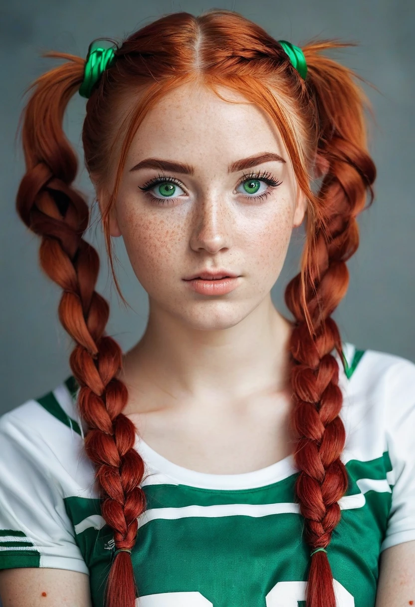Ashlyn_SBG, red hair, green eyes, freckles, pigtails, braid, bangs, black tank top, head cocked