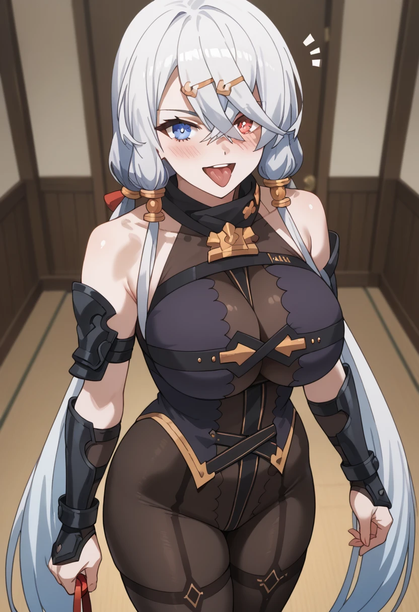 (pov crotch desk : 1.3), earrings, braided ponytail, puffy sleeves, gold trim, gloves, bodysuit, breast curtain, shoulder cutout, (covered navel), hip vent, clothing cutout, tassel, (luxury bedroom background), ShenheV4, anime cels style, best quality, high resolution, 1girl, (huge breasts:1.2), beautiful face, grey hair, long hair, hair ornament, hair over one eye, blue eyes, cowboy shot, smiling, blushing