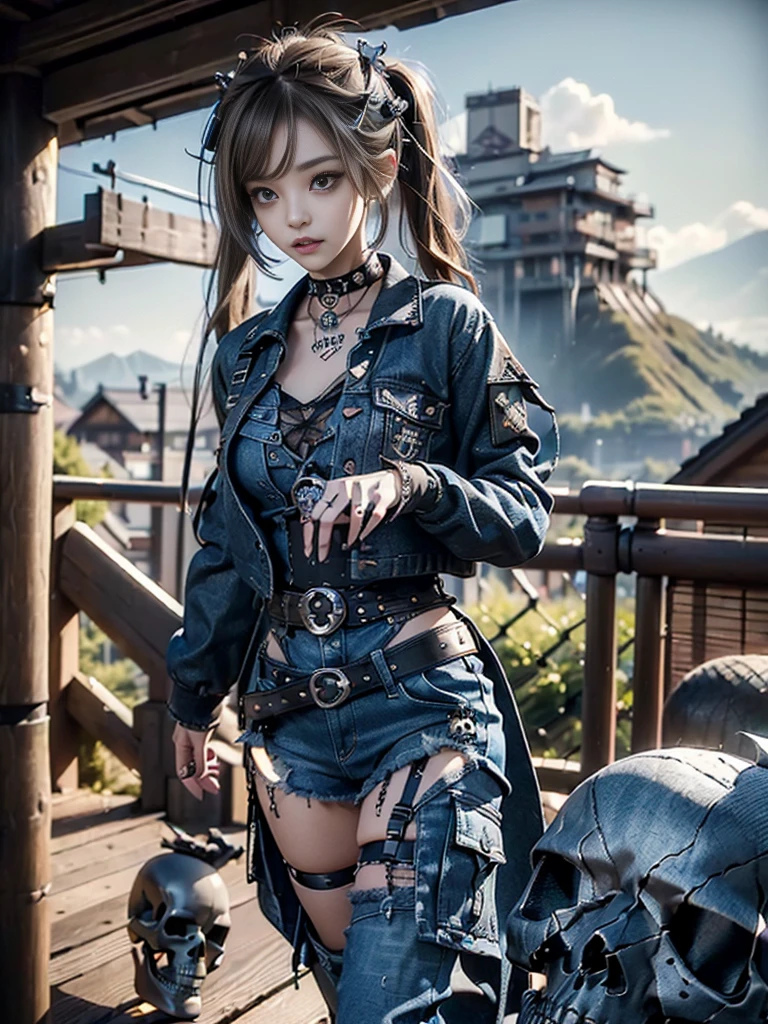 (Beautiful lips and nose:1.4)、(Long eyelashes:1.4)、(Smiling with teeth showing:1.3),(Shibuya Gal:1.5)、(Gothic Lolita delicately decorated dress:1.5)、(Tattered denim and black punk rock cargo pants:1.5)、(Denim and black navy skull mark small jacket:1.4)、(denim garter belt:1.5)、(Black and denim knee socks:1.3)、(Skull Silver Accessories:1.5)、(Denim collar:1.3)、(Brown Skin Belt:1.4 ) Russian with Big boobs ) (Without the clothes)