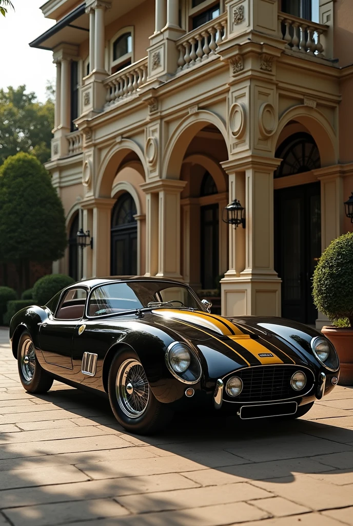 Luxurious car black base color with gold strips body is fully aerodynamic style like 1950's parked in front of villa 