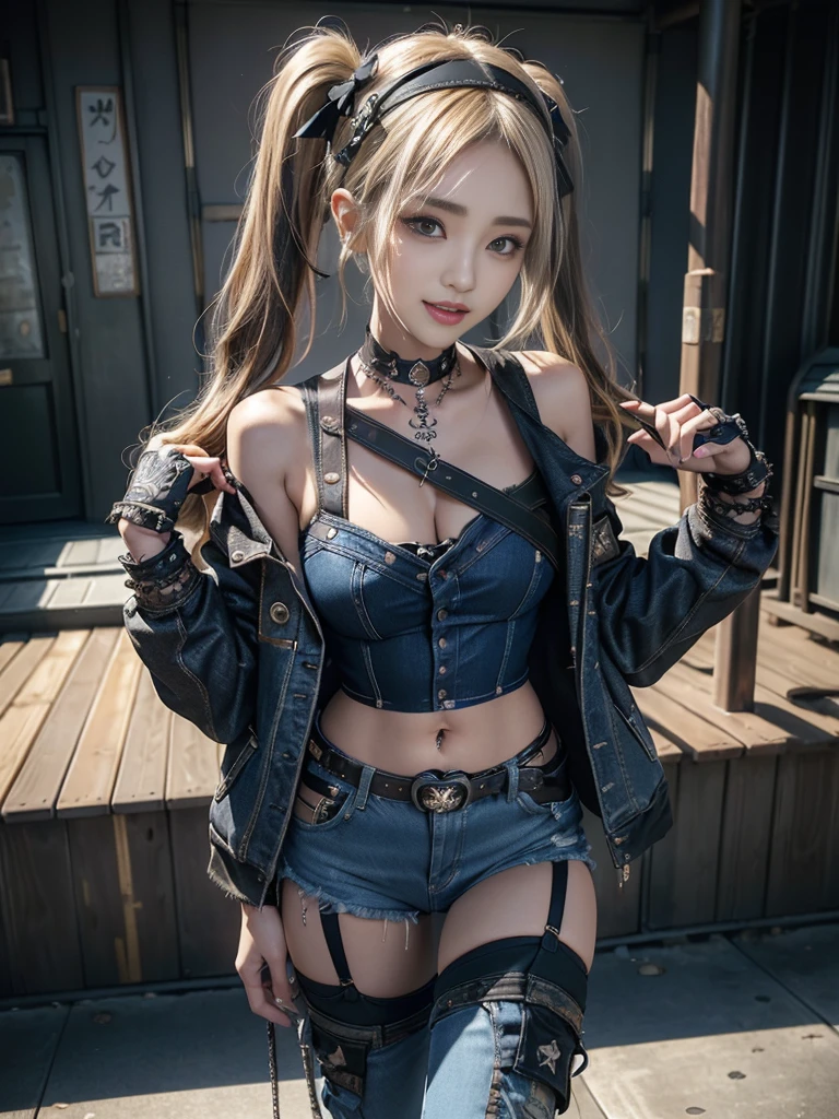 (Beautiful lips and nose:1.4)、(Long eyelashes:1.4)、(Smiling with teeth showing:1.3),(Shibuya Gal:1.5)、(Gothic Lolita delicately decorated dress:1.5)、(Tattered denim and black punk rock cargo pants:1.5)、(Denim and black navy skull mark small jacket:1.4)、(denim garter belt:1.5)、(Black and denim knee socks:1.3)、(Skull Silver Accessories:1.5)、(Denim collar:1.3)、(Brown Skin Belt:1.4)、(Brown boots:1.2)、(The underwear is striped:1.4)、31 years old、((Highest quality、In 8K、masterpiece:1.3))、Sharp focus:1.2、(Layered Cut、Huge boobs:1.1),Beautiful woman with perfect figure:1.4、(Dancing vigorously:1.3)、Slender Abs:1.2、Highly detailed face and skin texture、Detailed eyes、double eyelid,(Twin tails:1.3)、(Cream colored hair:1.3)、Gravure idol、(The background is a vast mountain with a clear view々Beautiful luxury resort destination in Europe:1.3)、(Slim Body:1.2),(Make your legs thinner:1.4),(clavicle:1.1)