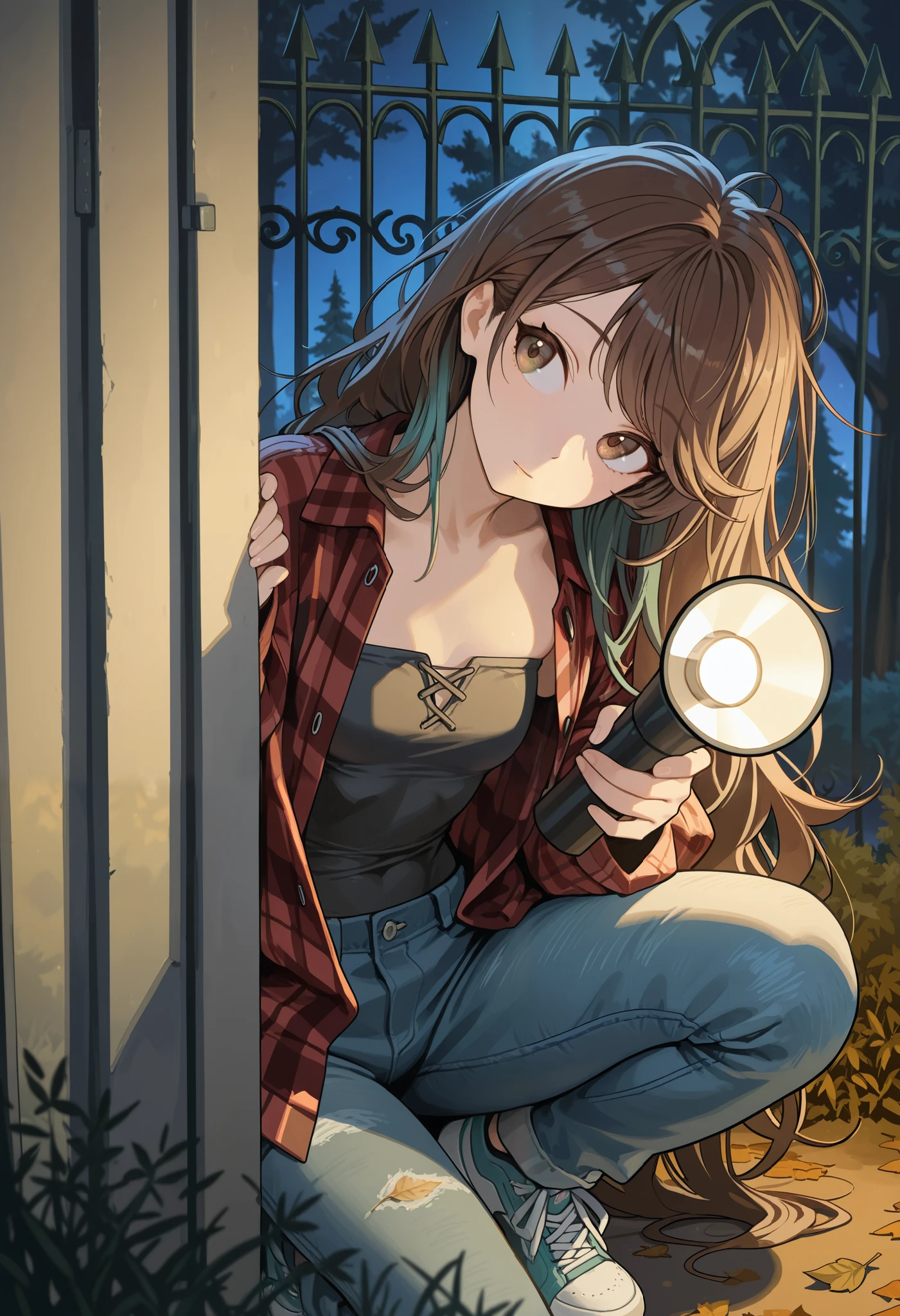 Best quality, masterpiece, close up, head tilt, solo, stoic, looking to the side, holding up flashlight, night, iron gate covered in ivy, peeking out, open flannel jacket, strapless black shirt, loose faded jeans, sneakers,, very long hair, brown hair, messy hair, teal highlights, brown eyes, swept bangs, weeds, pine trees, autumn, trees, falling leaves, small breasts, toned arms, garden,