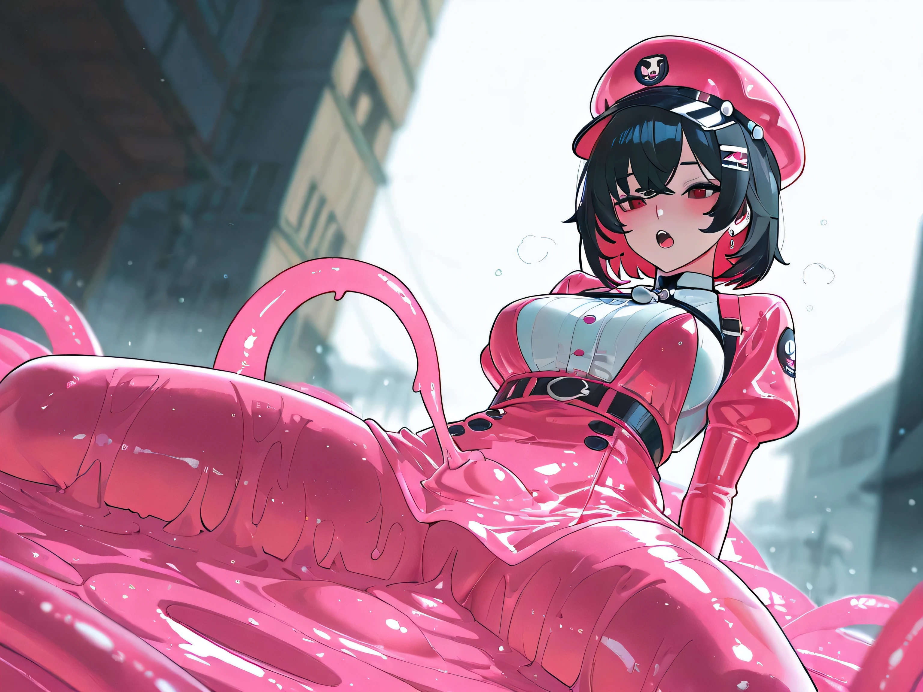 (Zenless Zone Zero), (Ellen Joe as a slime:3.0, Ellen Joe outfit:3.0, Melting:5.0, slime girl melt:4.0, melt breasts:6.0, dripping slime), shark tail, open mouth, slime girl body:4.0, 1 adult beautiful woman, unbuttoned blouse, wet see-through clothes, black hair, Slime girl hair, blushing, red eyes, detailed face, (masterpiece, top quality, very detailed depiction), slime girl melting into a puddle, skin colored puddle, slime puddle under her body