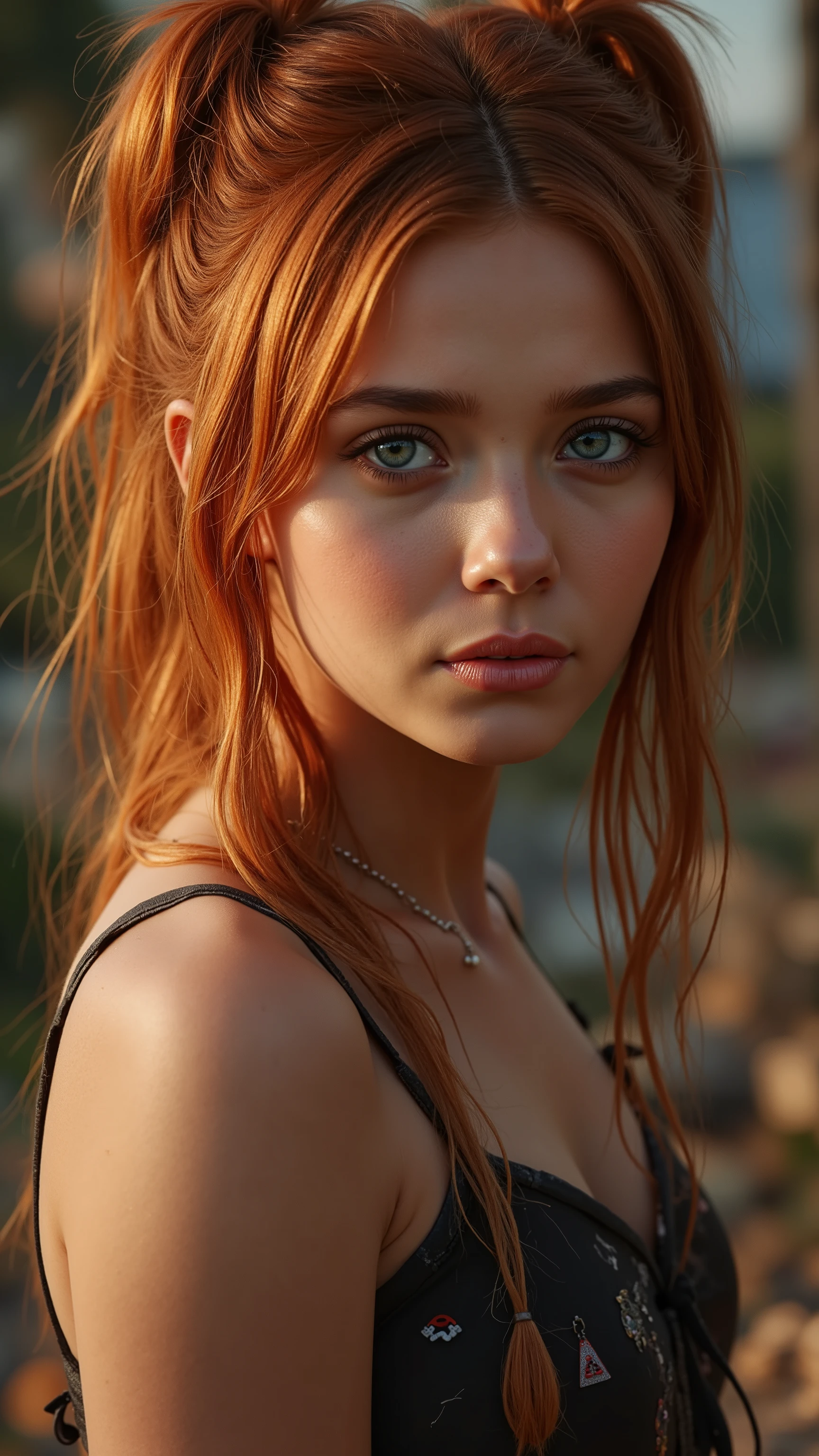 🌟 quality & silent: whole head down to below the chest, masterpiece, 8k, ultra high resolution, hyperrealistic, very detailed, natural lighting, SLR lighting, SLR camera , Fujifilm XT3, film grain, Sharp concentration, perfect lighting. 🌌 Scene & background: different backgrounds: A romantic sunset on the beach, with warm, golden hues . A dark, mysterious forest with moonlight, that falls through the trees. A luxurious Bedroom with candlelight and silky curtains. Ein urbaner background mit Neonlichtern und regennassen Straßen. 😈 model & Styling: A young , wild girl with fiery red hair, different hairstyles such as flattop, quin tails, tri tails, pixie cut, expressive hair, single sidelock, hair pulled back, french braid, blunt bangs, ahoge, streaked hair, which in various Poses fall loose or styled are, and bright blue eyes . She is wearing a lightweight , torn dress made of natural materials, that underlines her free and independent nature. 🔥 Pose & Mood: Different sensual facial expressions: she looks directly at the camera , with a seductive smile and half-closed eyes. She opens her lips slightly, with a playful and tempting look. She tilts her head slightly to the side, with a dreamy and sensual expression. She looks over her shoulder, with a mysterious and intense look. Die Mood ist sinnlich, seductive and full of emotions. 💋