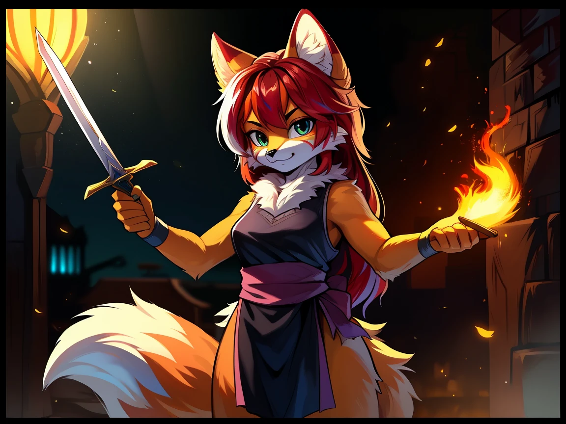 uploaded to E621, beautiful and detailed portrait of an anthropomorphic vixen ((female))), (detailed averi), (detailed lighting), (detailed fur), (detailed breasts), BREAK, (cinematic lighting), ((detailed background)), ((depth of field)), (half body shadow), ((looking at viewer)), [backlighting], [detailed ambient light], [ambient light on the belly], [realistic proportions], [explicit content, adult, nsfw], [sharp focus], (questionable content), (shaded), (hi res), ((masterpiece)), (Averi, Fox girl), (anthro, fluffy fur), anthro fox girl, body fur, curvy, sexy, nice, cute, hot, sassy, sassy hips, (Averi, Fox girl), green eyes, solo, blush, smug smile, forest, trees, lightning, night, rain, wet fur, flat chest, chest fluff, striped thigh highs, colorful thigh highs, high socks, thigh high socks, striped high socks, legs adorned with colorful fabric, speech bubble, heart, hearts, seductive pose, sexy pose tail tip emanating magnificent magical fire, scarlet fire encircling the tail tip, fiery tail tip, fiery magical tail, magical tail fire, scythe with sharp blade, grim reaper's scythe, grim reaper girl, grim reaper, scythe, wearing grim reaper's cloth, dark hooded red cloak, red cloak, rugged broken clothes, wielding a scythe, clothes being blown by wind