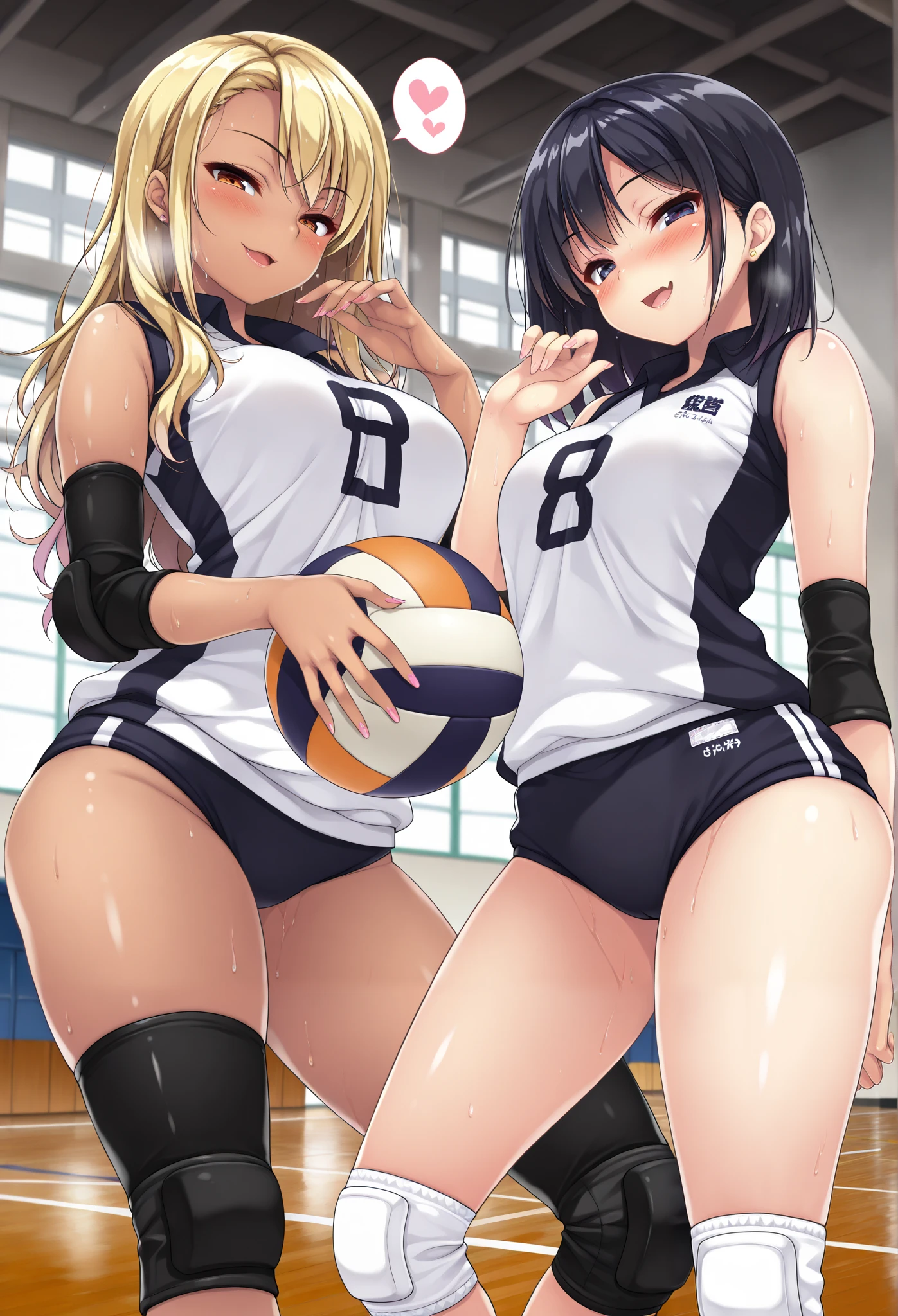 masterpiece, best quality, amazing quality, 2girls, gyaru, (holding ball:1.4),(seductive pose:1.4), (sexy pose:1.4), thick thighs, Collared volleyball uniforms, sleeveless, (buruma:1.4), volleyball knee pads, elbow sleeve, (old Full spherical 8.5" volleyball ball:1.4), (blush:1.4), camel toe, (chubby:0.8), curvy, (sweat, Covered in sweat, covered in perspiration:1,4), (deep breathing:1.2), spoken heart, perfect anatomy, in Uninhabited gymnasium, cowboy shot, detailed lips, highly detailed sports uniform, soft focus background, (seductive smile, embarrassed expression:1.4), medium breasts, volleyball uniform, sportswear, elbow pads, elbow sleeve, knee pads, sleeveless, Buruma, (Matching uniforms:1.4), mesugaki,from below, volleyball uniform, buruma,mesugaki, smile, looking at viewer, blush, hand up, skin fang, from below
