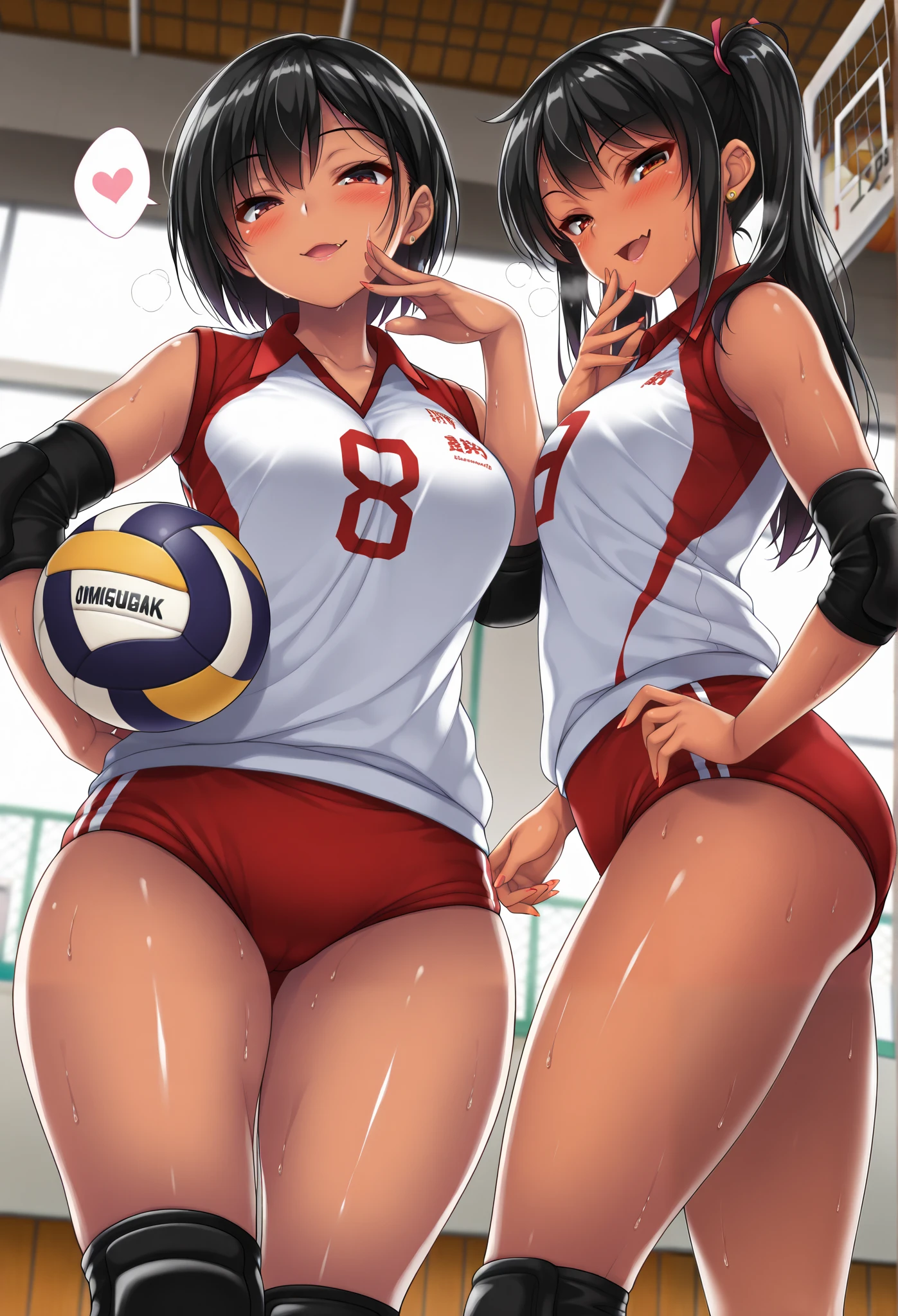(((masutepiece))), (((Best Quality))), (((ultra-detailliert))), 19 years old, large breasts, triple D cup breasts, round buttocks, bubbly buttocks, wide hips, bubbly ass, fit and strong, slender body, ((superfine illustration)), ((Ultimate cutie)), Detailed beautiful face, Shiny hair, (((yuri))), (shy), ((blush)), BREAK, (((Holds dirty spherical 6-inch volleyballs))), BREAK, (((Buruma))), (Volleyball uniform), Sleeveless Volleyball Uniforms, (((Buruma))), (Kneepads), (elbow pad), (Bare hands), ((Sweat)), ((Covered in sweat)), (breathless), on valleyball court, in gymnasium, Lighting, From above, Look at viewers