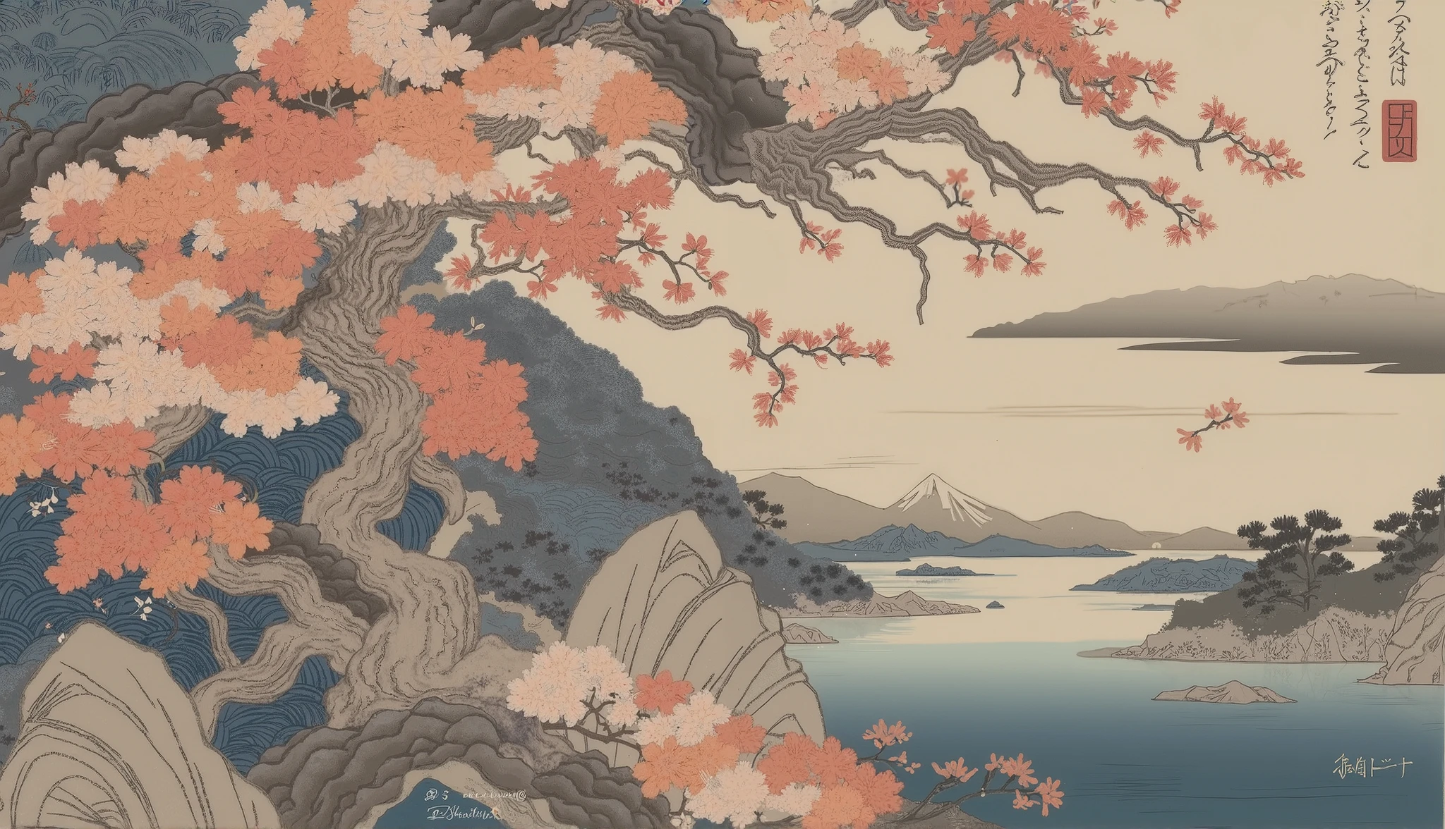 A digital illustration inspired by Ukiyo-e, with bold black outlines, dark red and gold tones filling the sky and lake, golden blossoms in bloom on the sides, a distant mountain peak, soft golden light illuminating the peaceful lake, serene and calm atmosphere --v 5 --stylize 1000