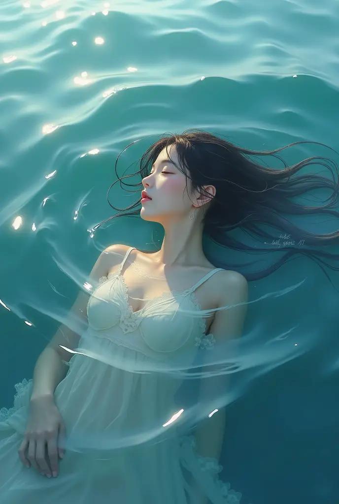 A girl sleeping in sea under waves