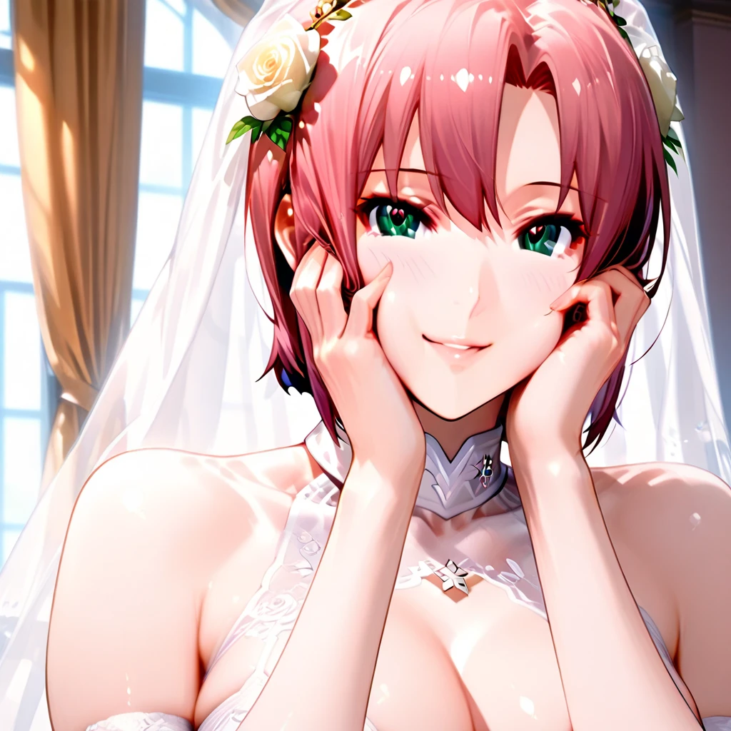 Close-up of beautiful bride wearing beautiful wedding dress, Gurwitz, (bridal veil:1.5), (Transparent short veil:1.5), Blushing face, head flower, headgear, (tube top wedding dress: 1.5), (Silk dress: 1.2) (Strapless wedding dress: 1.5) pure white dress, necklace, earrings, (large breasts:1.3), Deep V peach heart collar wedding dress, bangs, lipstick, (lace gloves: 1.3), whole body, high detail RAW color art, Long white dress, whole body, place your hands behind your back