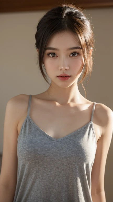 (from above, at bedroom, 1 girl, small breasts, medium long hair, Thin tank top, camel toe:1.5), fair-skinned, glossy lips, skinny, body type, delicate and sexy clavicle, highest quality, RAW photo, realistic, face, incredibly ridiculous beautiful girl, cute, Depth of bounds written, High resolution, ultra detail, detailed, Very detailed, extremely detailed eye and face, sharp pupils, sharp focus, cinematic lighting