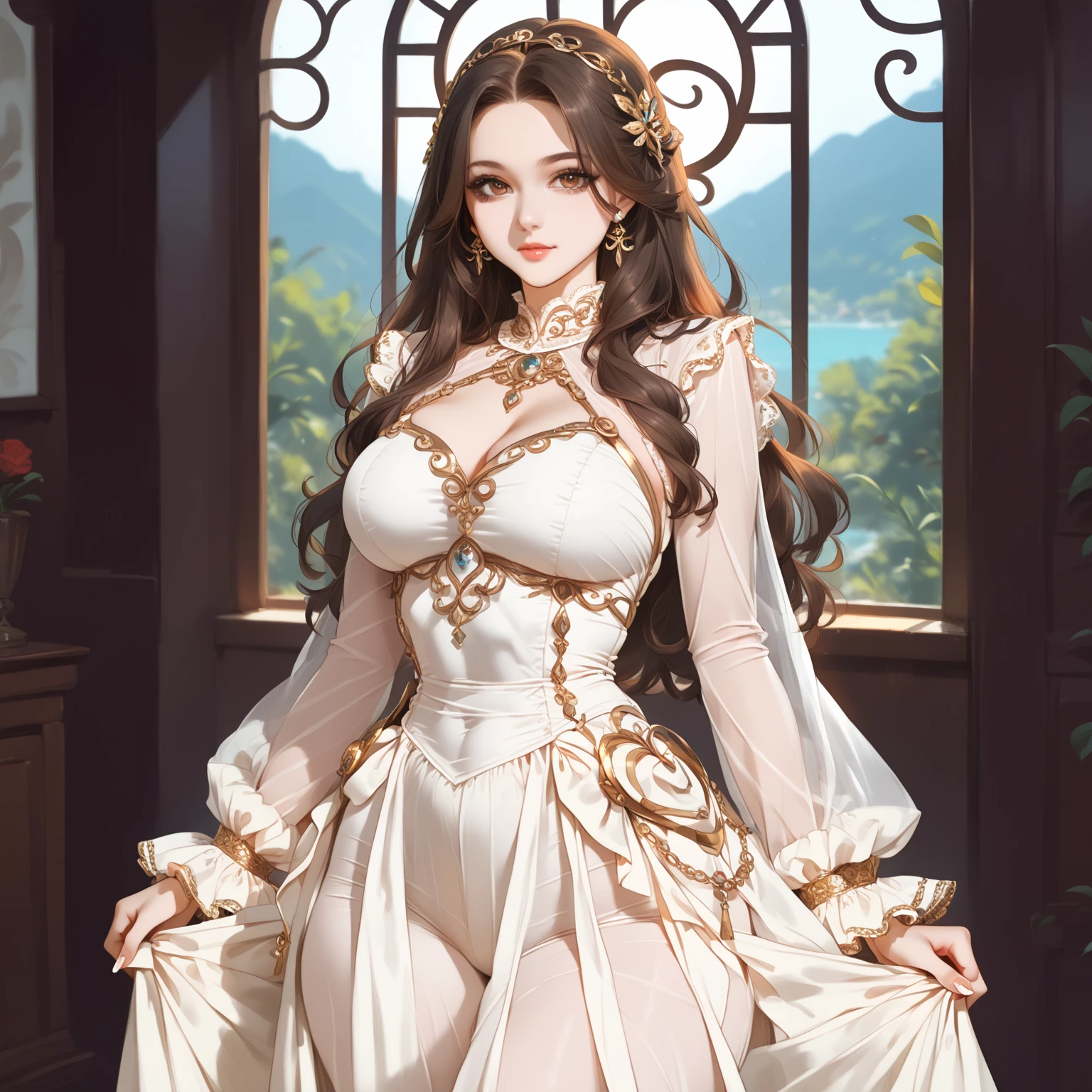 (1female:1.2)、(Flawless,Delicate and beautiful face)、(Big watery eyes,Crystal clear eyes:1.1)、(huge tit,huge tit,huge tit:1.3)、Delicate and beautiful fingers、(White lace stockings:1.5)、Raised sexy、seductiv、(luxury goods,Sparkling tiara,Earrings,armlets,Sapphire:1.8)、hdr、8K分辨率、10x pixels、Professional、Vivid Colors、Studio lighting、3D realism、intricately details、extremely detailed 8k cg wallpaper、Best quality、tmasterpiece、winning artwork、perfect compositions