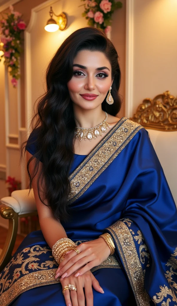 This image features a woman dressed in a navy blue sheer saree with intricate floral embroidery. She has long, wavy hair and is wearing elegant earrings. The background includes a curtain with a patterned design and a partial view of a wall with a framed artwork. Her pose and expression are confident and poised, adding a touch of elegance to the overall look.Touching his hear from right hand