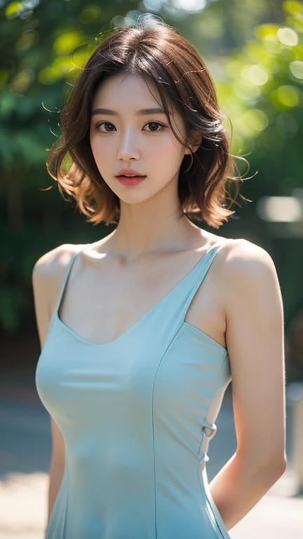 realistic photos of 1 cute Korean star, streaked hair, white skin, thin makeup, 32 inch breasts size, wearing gray crop top, in the farm, upper body portrait, sparkle, UHD