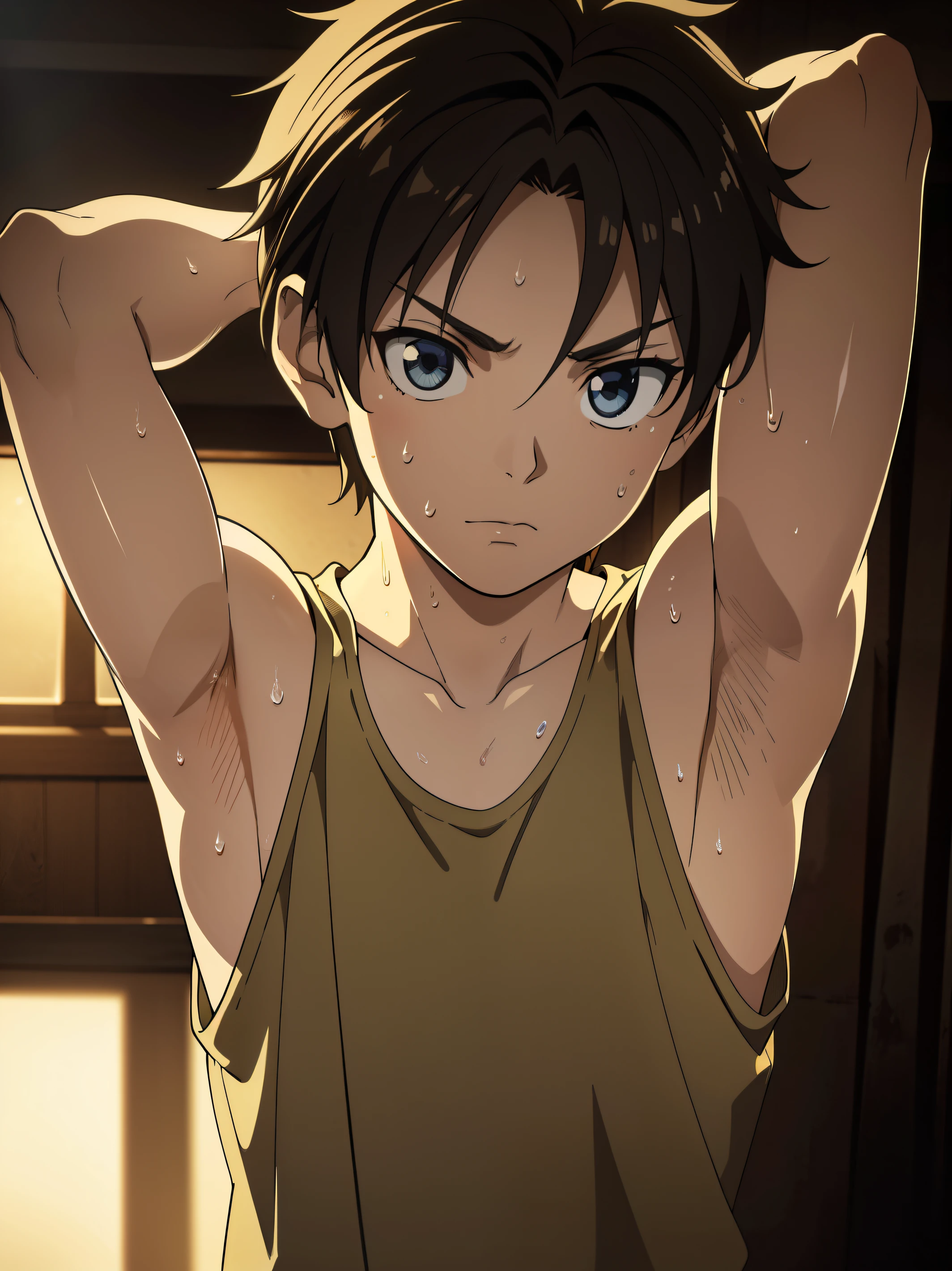 masterpiece, 1 boy, shota, tank top, armpit, photorealistic, hyperrealistic, highly detailed, 8k, intricate details, chiaroscuro lighting, dramatic lighting, detailed facial features, expressive eyes, natural skin tones, sweat glistening, detailed fabric texture, studio lighting, cinematic composition, moody atmosphere, warm color palette, golden hour