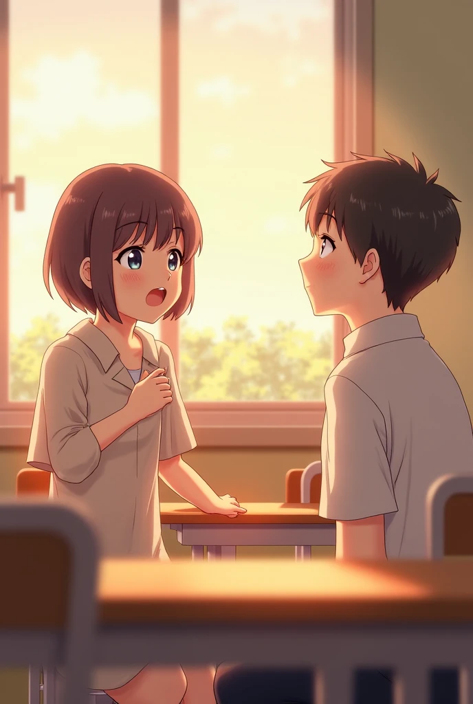 Short black haired girl in school uniform and black haired boy talking in the background of a salon