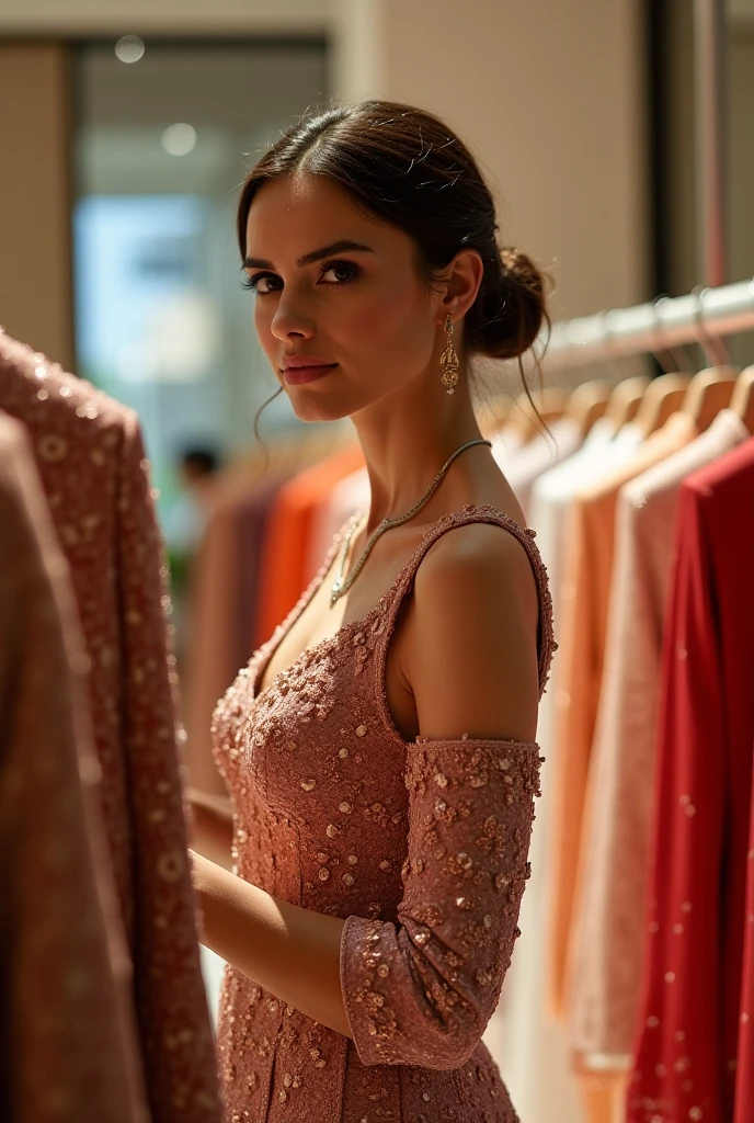 A Maghreb woman with a sexy dress shopping for a dress in a luxury store in the city of Cannes that seems real