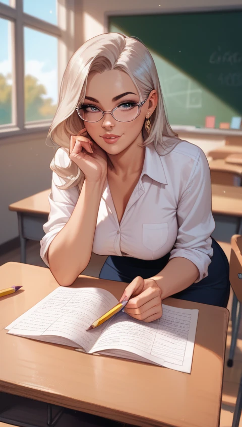 A woman, white hair, long hair with tomie bangs, lingerie, inside the classroom, junji ito art style, junji ito tomie, tomie pose